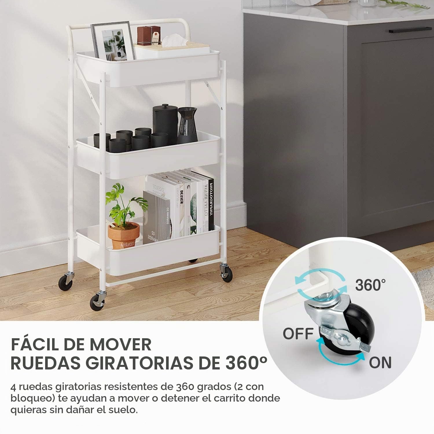 Dripex Carrito de Cocina Plegable con Ruedas, No Requiere Montaje, Soporta 20kg/Nivel, Carros Multiuso para Cocina Oficina Salón Dormitorio, 44x30x89,5cm, 3 Niveles