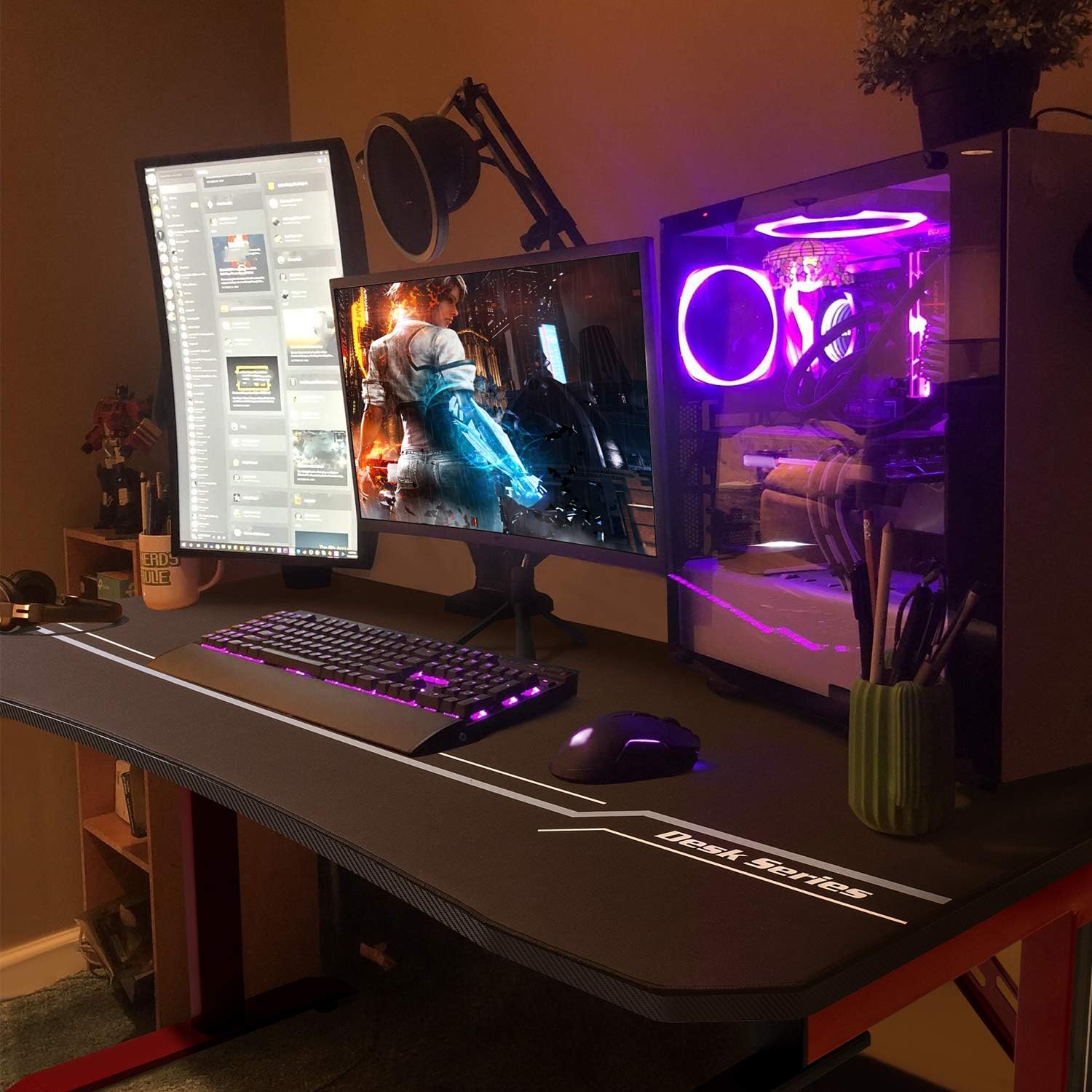 Furmax 44 Inch Gaming Desk T-Shaped PC Computer Table, Home Office Desk Carbon Fibre Surface Workstation with Free Full Coverage Mouse Pad, Cup Holder and Headphone Hook, Red
