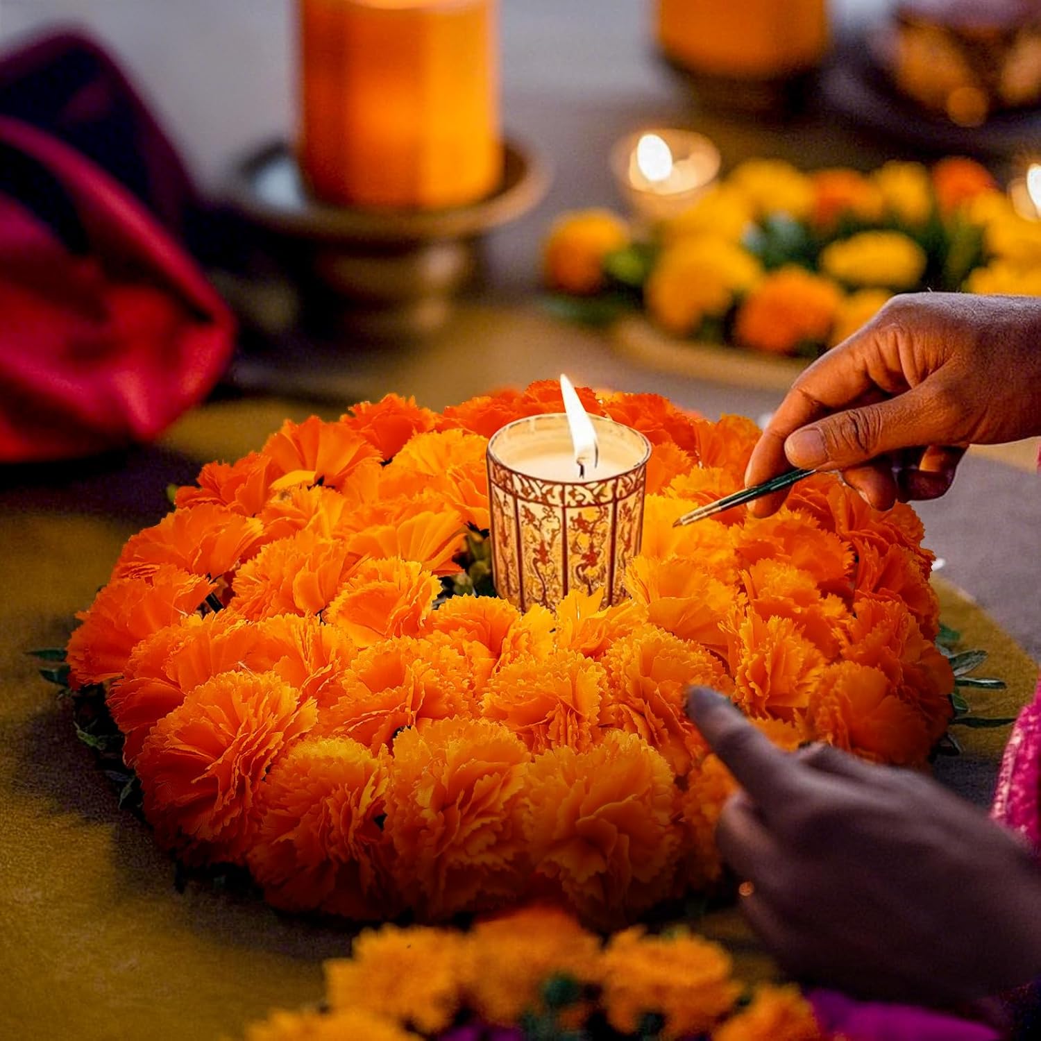 Marigold Flowers Artificial - 200 Premium Silk Flower Heads with 30 Stems for Diwali Decor, Day of The Dead Altar, Handmade Garland Making (2" Blooms, Reusable) (Orange 200)