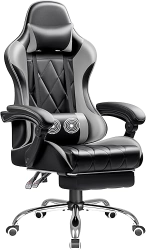 Miniatura 8 de Silla de juegos con reposapiés y soporte lumbar de masaje, asiento ergonómico para computadora ajustable en altura con giro de 360 y reposacabezas,