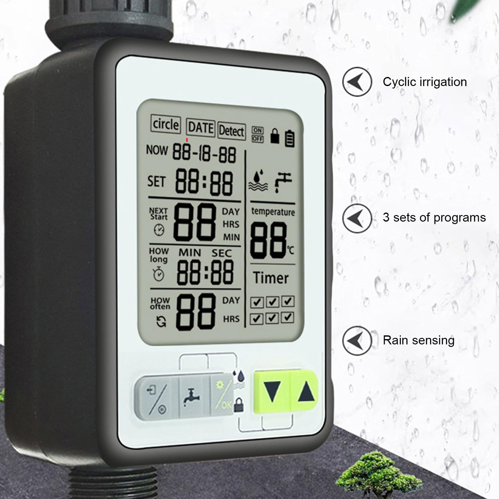 Sprinkler Timer, Upgraded Rain Sensor Chip, Smart Irrigation with Accuracy, Interval Date Temperature Controlled Watering Timer for Lawn Garden Yard