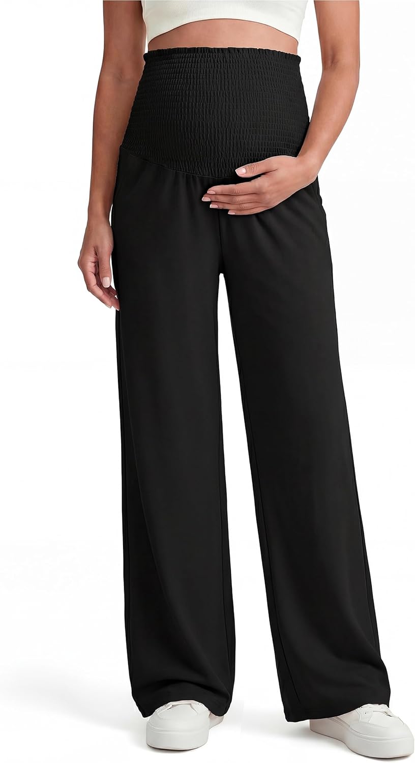OUGES Womens Lyocell Cotton Maternity Pants Over Belly Smocked Waist Stretchy Casual Wide Leg Palazzo Pants with Pockets