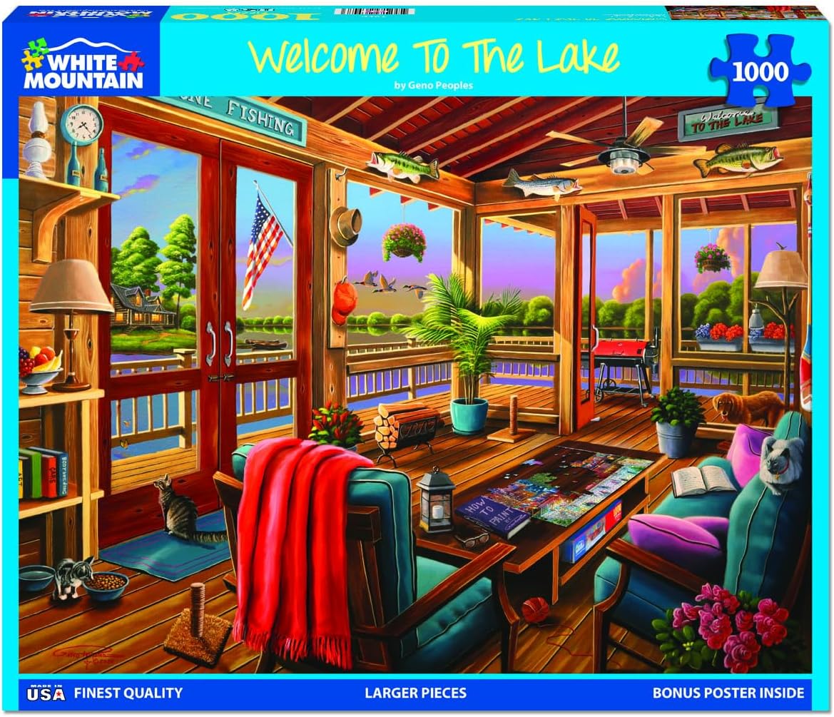 White Mountain 1000 Piece Jigsaw Puzzle Cozy Cabin Summer Puzzles with Large Pieces for Adults and Family 24"x30" - Welcome to The Lake