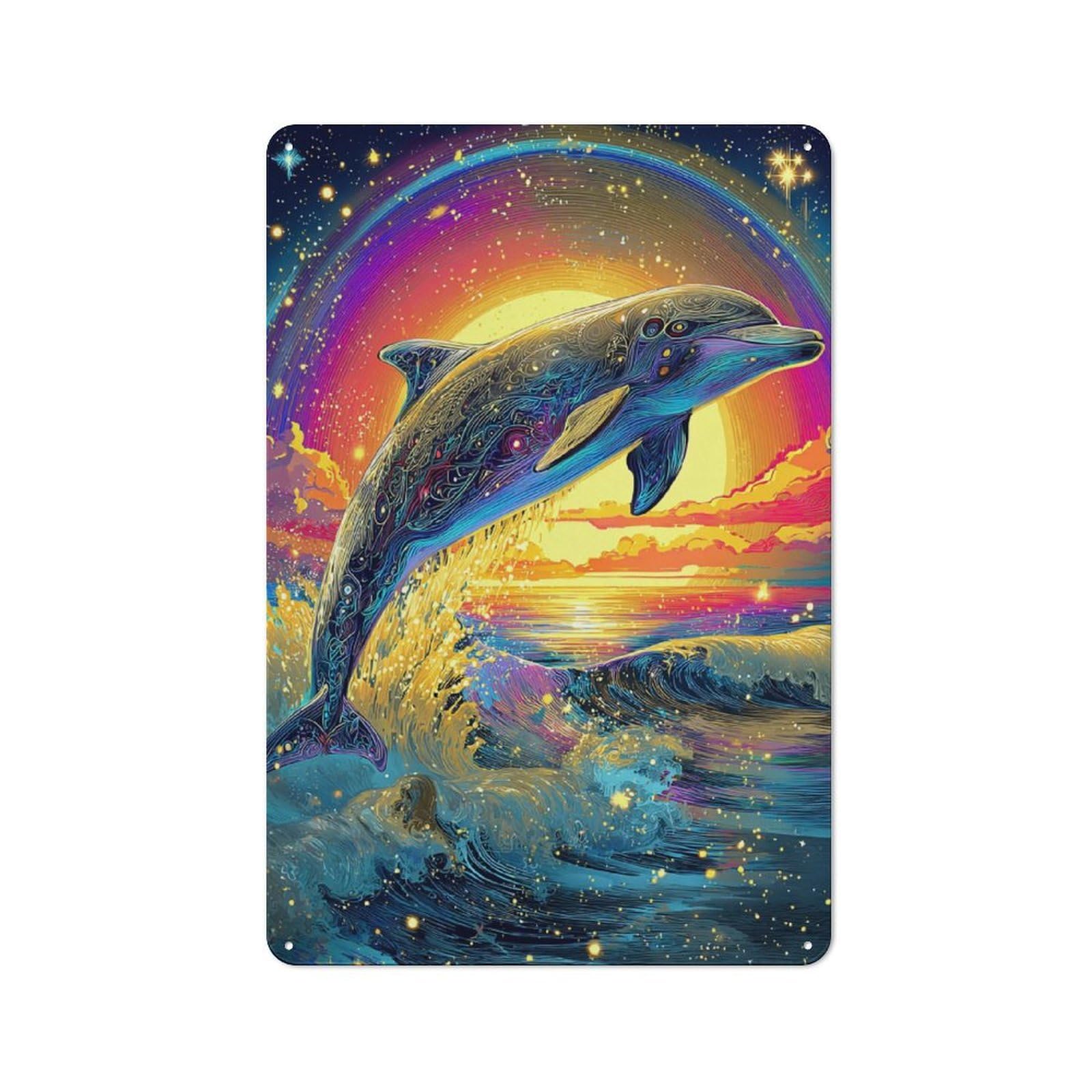 Junmoney Colorful Dolphin Sunset Artwork -1 Vintage Tin Sign 30X20cm For Garden Room Or Summerhouse, A Housewarming Gift For Outdoor-Room Decor Collectors