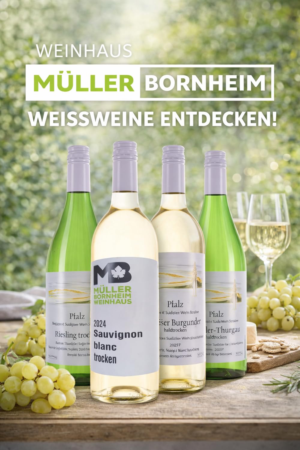 Weinhaus Müller Bornheim Müller-Thurgau Halbtrocken - 12x1L Weißwein Pfalz | Deutscher Qualitätswein direkt vom Winzer - ideal für Weinschorle oder Grillabende - fruchtig mit dezenter Restsüße