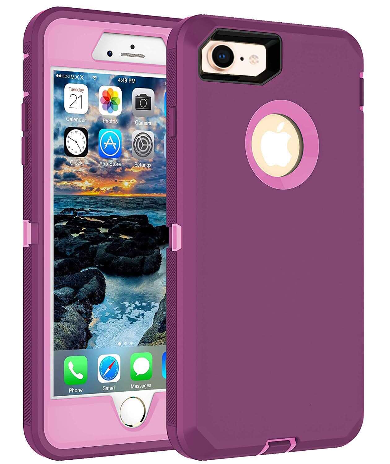 MXX Case Compatible with iPhone 8 and iPhone 7, with Screen Protector 3-Layer Super Full Heavy Duty Body Bumper Cover/Shock Protection/Dust Proof, Designed for iPhone 7 and 8 - (Purple/Light Pink)