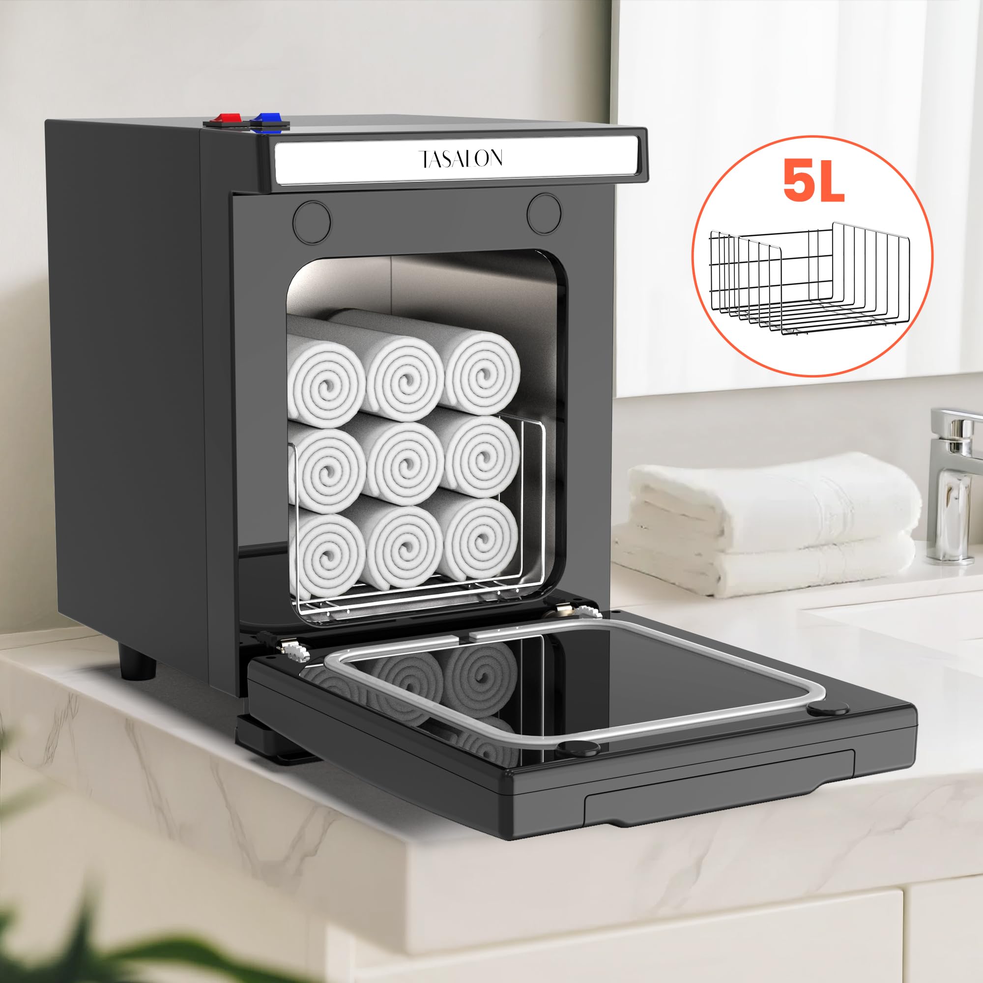 TASALON Calentador de toallas de 5 litros, cámara interior de aluminio, bandeja extraíble, calentamiento rápido para belleza, spa, salón, masaje, color negro