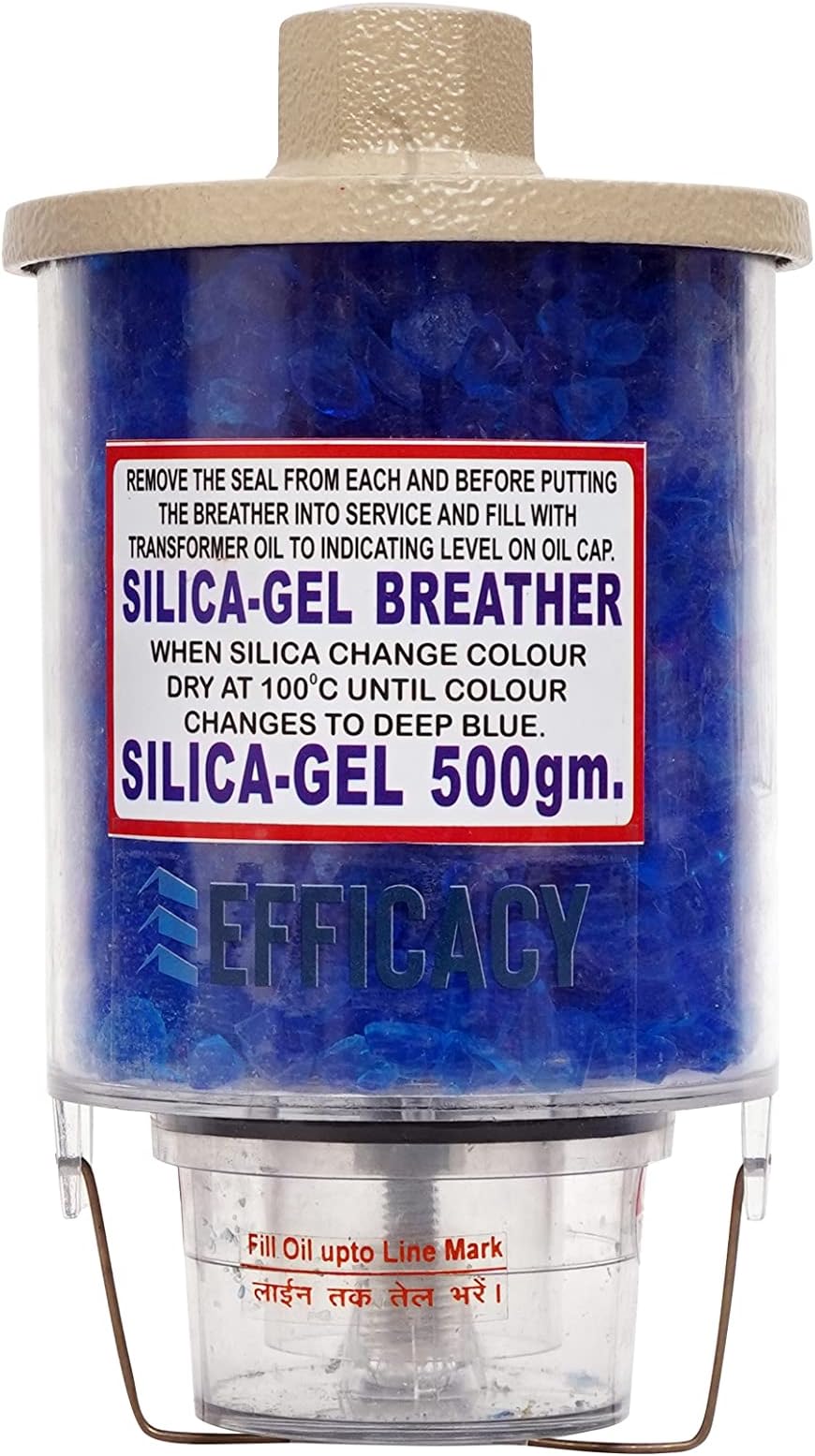 Efficacy Transformer Breather Polycarbonate Crystal Blue Silica Gel Breather Cylinder With Aluminum Top Size 500 Gram Dia 1.27 (0.5 Inch) - 1 Pc