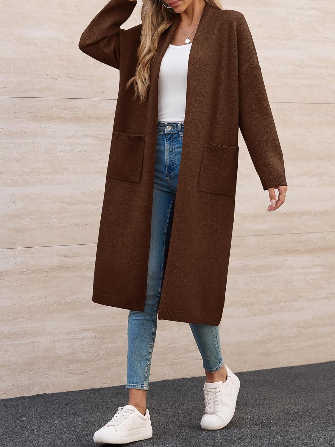 Saodimallsu Womens Extra Long Cardigan Sweaters Oversized Chunky Knit Open Front Long Sleeve Casual Duster Coat with Pockets - Image 4