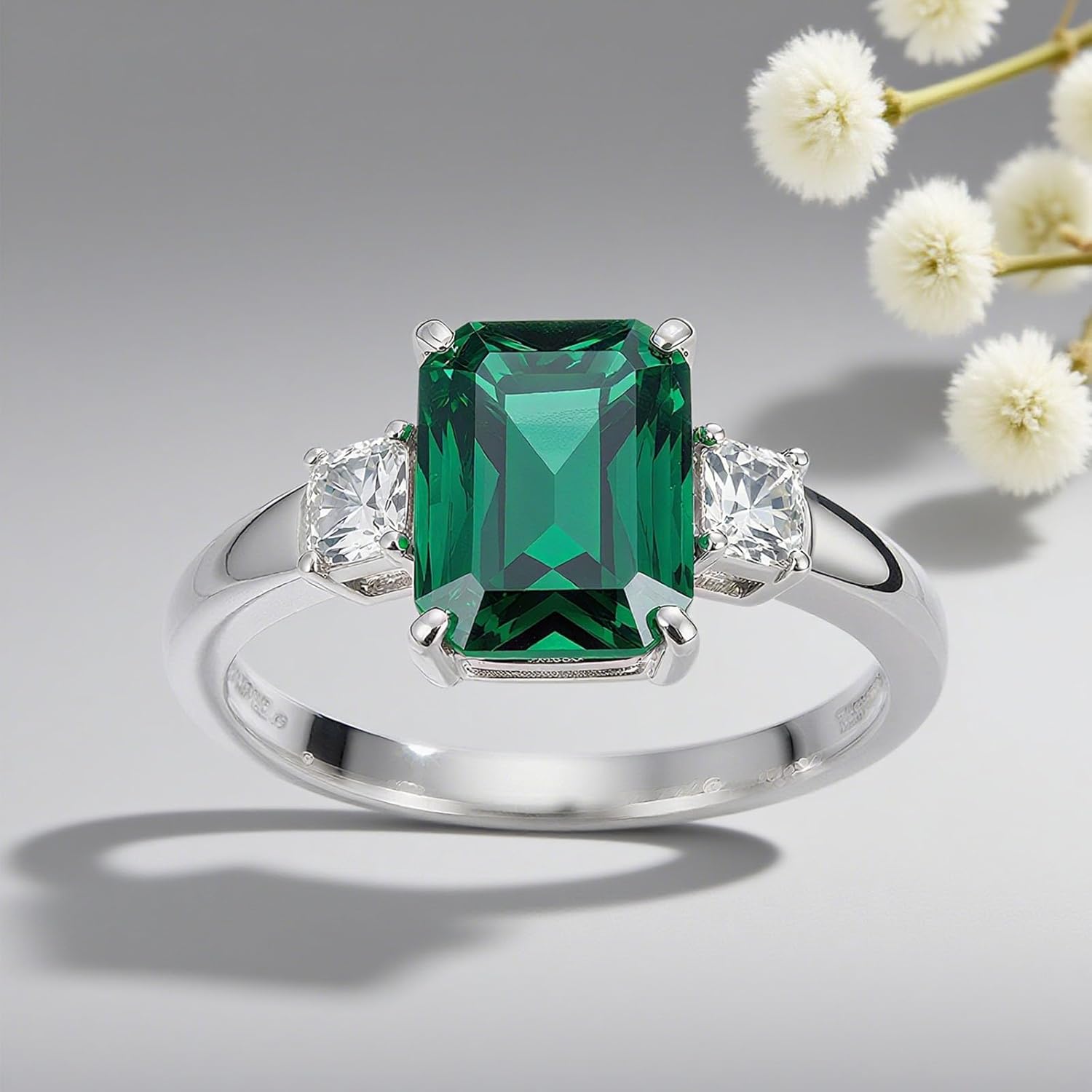 Emerald-Cut Engagement Ring Simulated 1-4 ct lab grown Emerald Solitaire Green Ring Solid 10k 14k 18k Gold Wedding Band Womens Engraved Promise Birthday for Women Wife