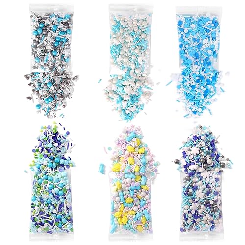 Gránulos para decoración de pasteles, cupcakes, galletas, decoración de helado, 6 paquetes de chispas azules, copos de nieve de invierno, seis