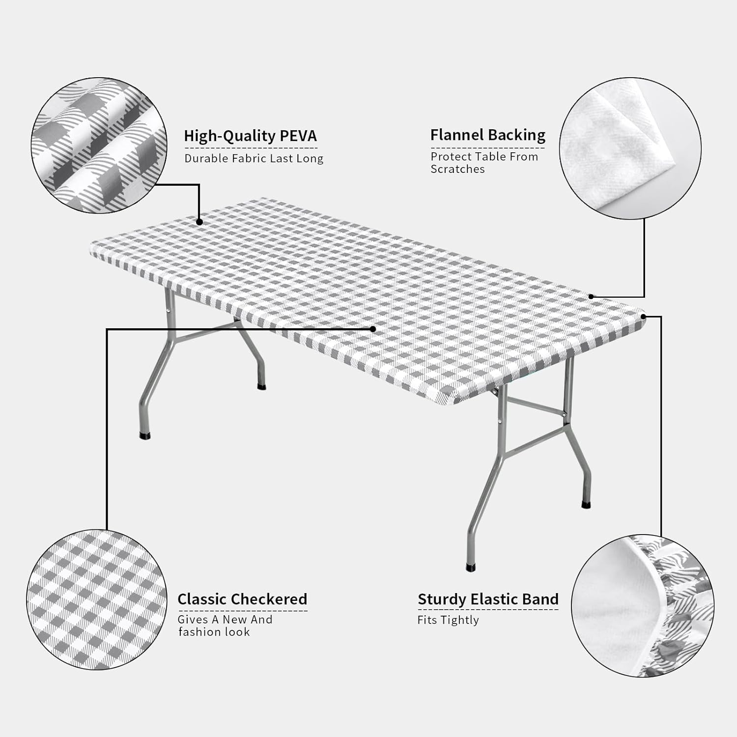 OutdoorLines Vinyl Fitted Picnic Table Cover with Bench Covers - Elastic Waterproof Camping Tablecloth for Picnic Table (Checkered Gray 96x30 Inch, 3 Pcs)