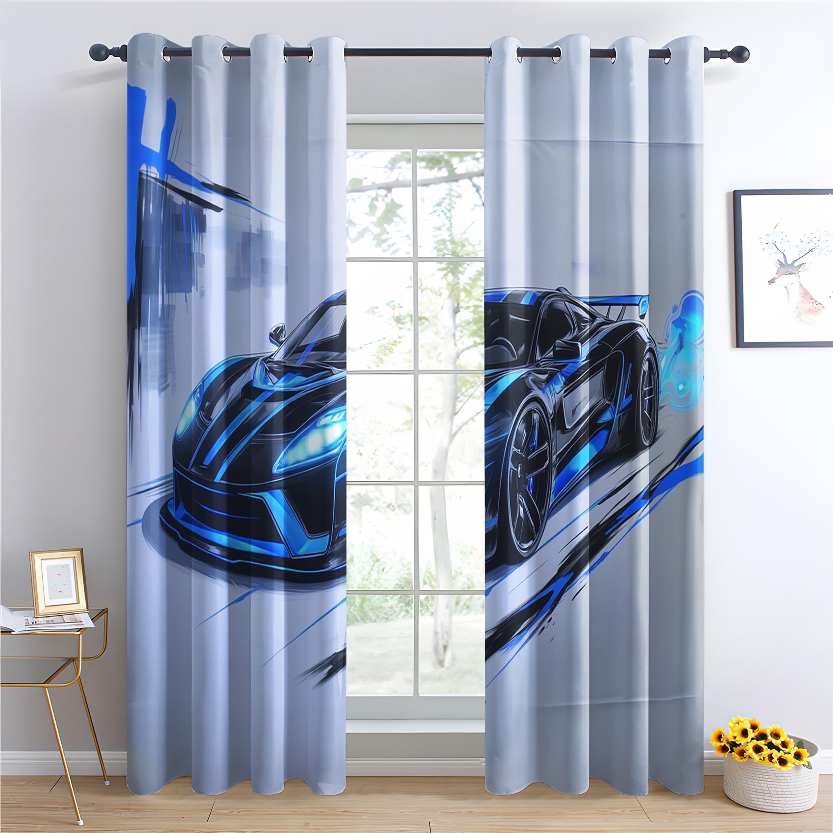 Rideau Occultant Voiture de Course - Décoration Voiture de Sport, Rideau Thermique Motif Garçon Sport Extrême, Lot de 2 Rideaux Opaque à Oeillets pour Fenetre Chambre Salon, 140x160 cm (LxH)