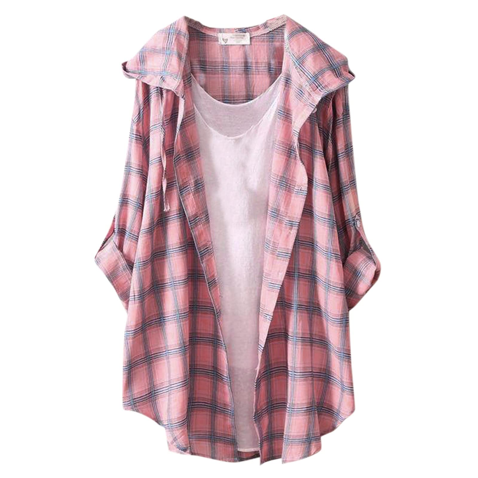 Surttan 2023 Camisetas Verano Lino de Algodón Manga Larga Camisa de a Cuadros para Mujer Casual Oficina Básico Vintage Western Blusa Mujer Vestir Sexy Talla Grande Camisas Informales