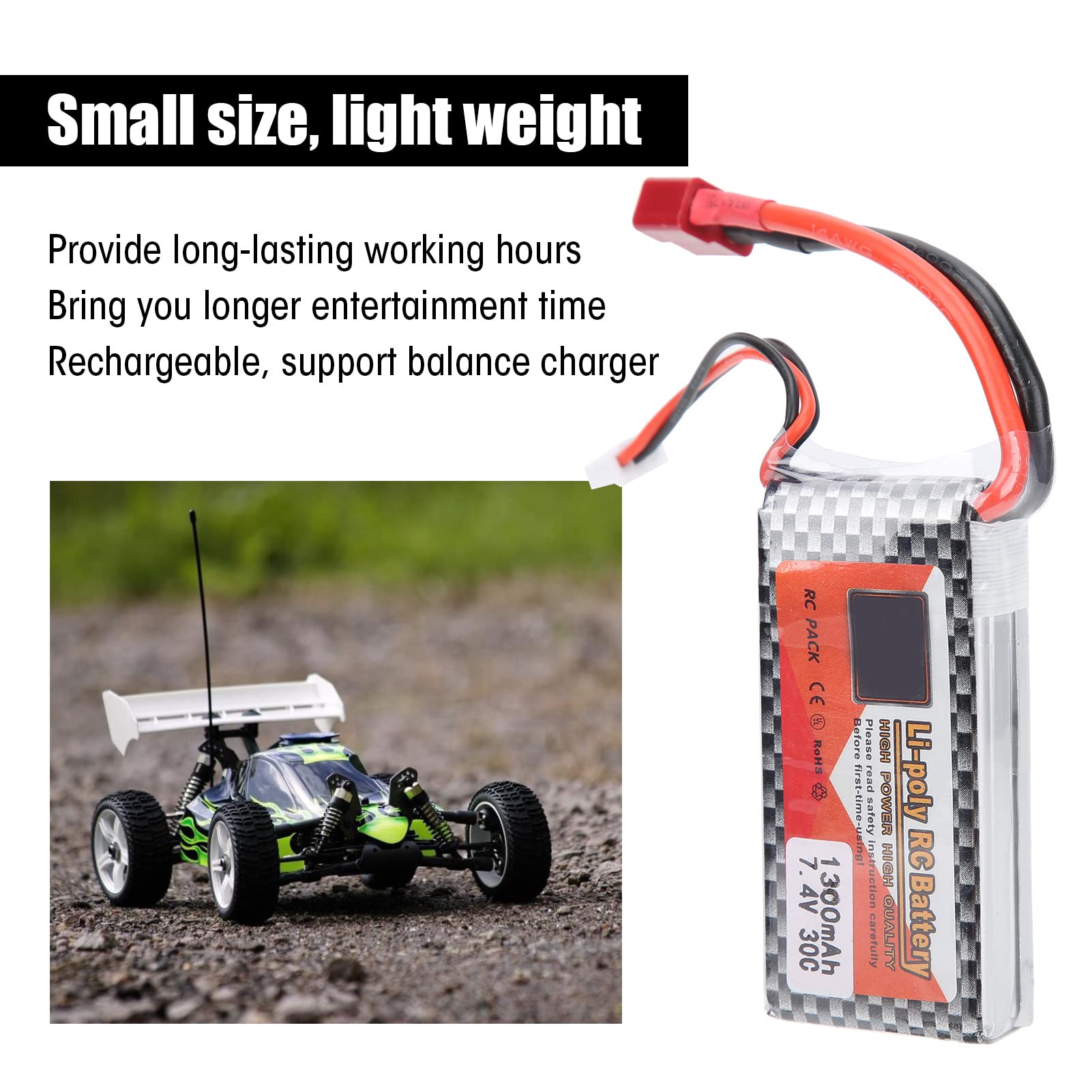 Batterie Lipo 7,4V 1300mAh 30C – Prise T – Léger 70x34x14mm – Pour Drone, Voiture, Bateau RC