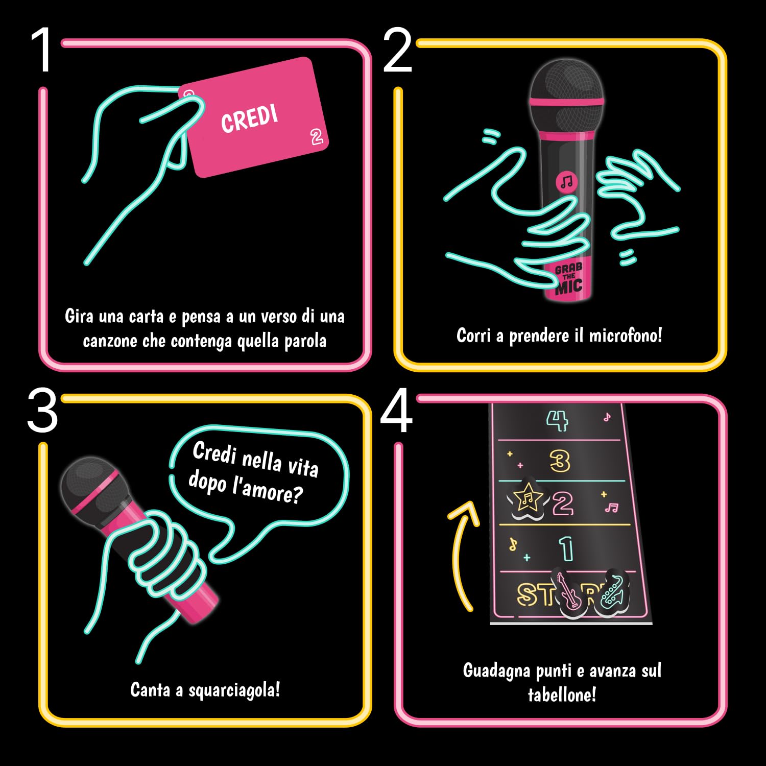 Grab The Mic – Giochi Da Tavolo Karaoke Per Tutta La Famiglia Con Microfono In Schiuma, Dai 8 Anni In Su, Da 2 A 10 Giocatori - Giochi Per Chi Non Sa Cantare Con 240 Testi - 120 Carte - Prima Edizione