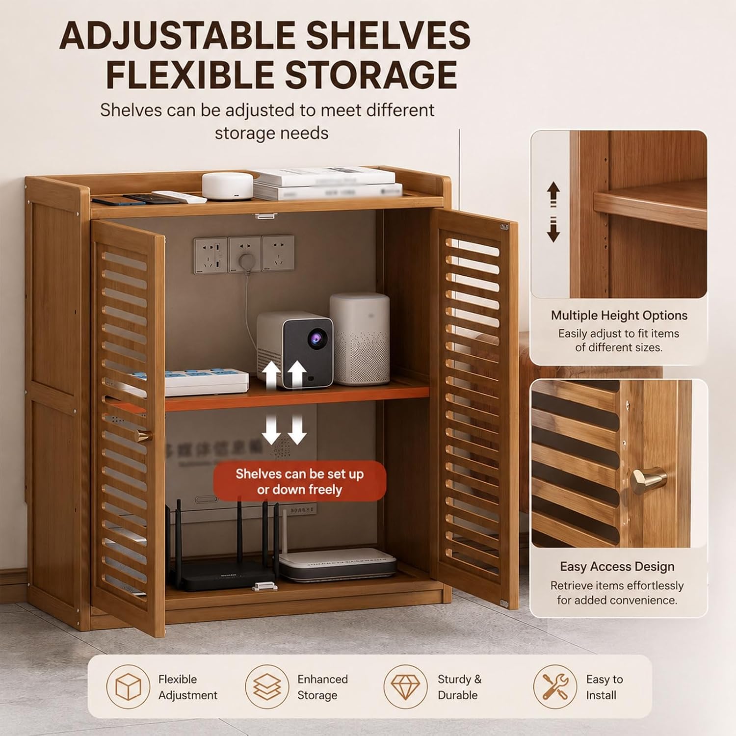 WiFi Router Storage Cabinet, Bamboo WiFi Router Storage Cabinet, Multimedia Concealment Cabinet, with Adjustable Shelves, for Bedroom Living Room(Brown,82cm/32.3in)