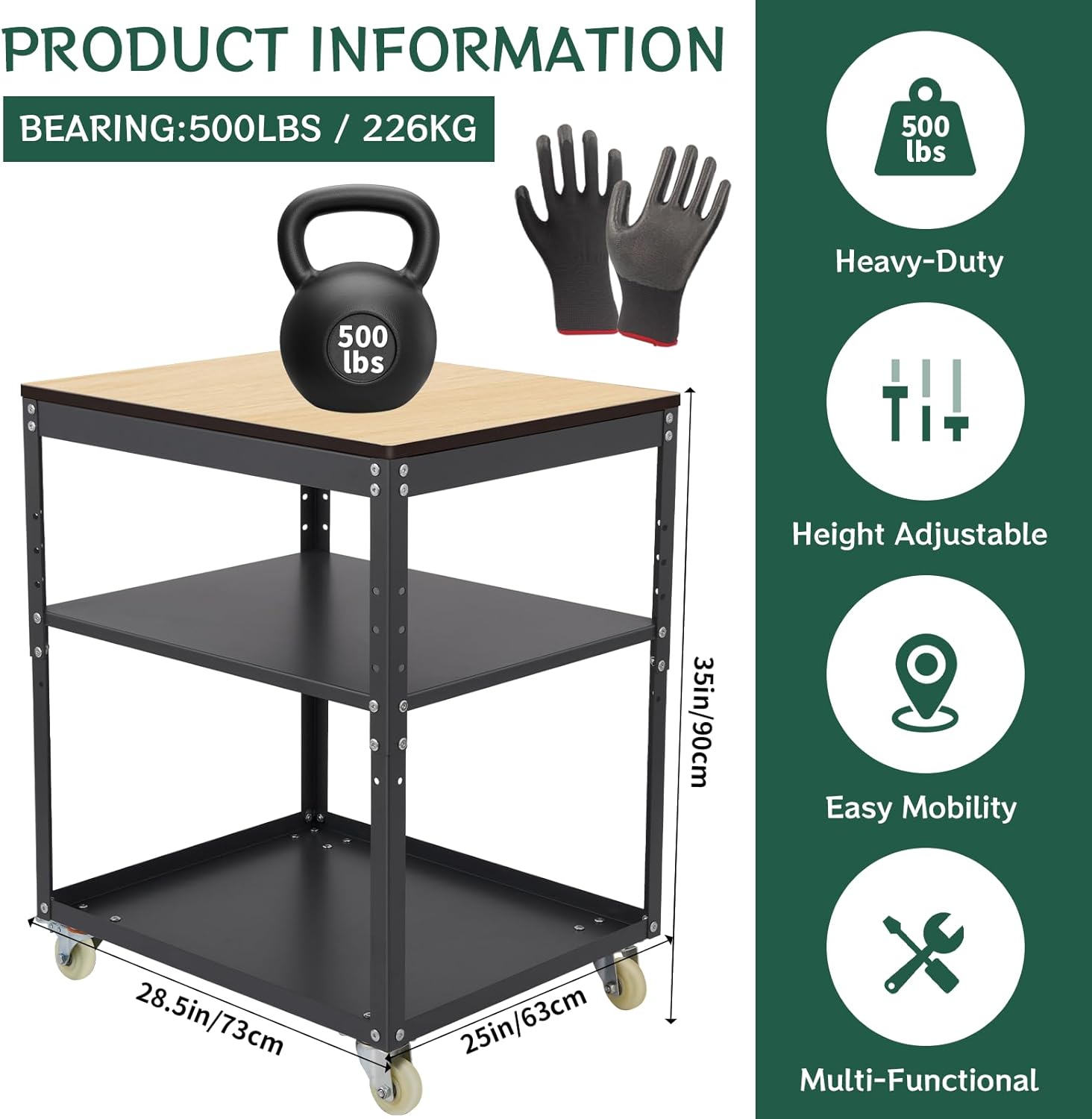 Planer Stand,Rolling Adjustable Planer Table, Heavy Duty Steel Workbench for Miter Saw, Table Saw, and Benchtop Power Tools, 500 lbs Capacity 3-Tier Tool Storage for Workshop & Garage