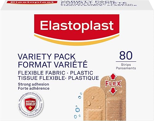 ELASTOPLAST Paquete variado de vendajes adhesivos de tela y plástico (80 tiras), vendaje flexible y resistente al agua con adherencia completa, ELASTOPLAST Paquete variado de vendajes adhesivos de tela y plástico (80 tiras), vendaje flexible y resistente al agua con adherencia completa,