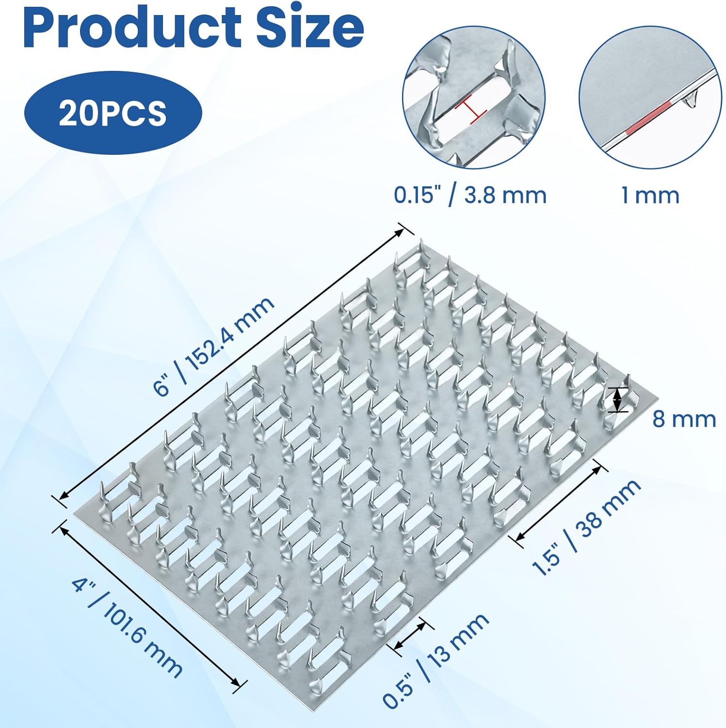 20 Pack Truss Plates, 4" x 6" Pronged Truss Mending Plate with Nail Teeth, Galvanized Steel Repair Tie Plate Bracket for Roofting Truss Wood Timber Connector