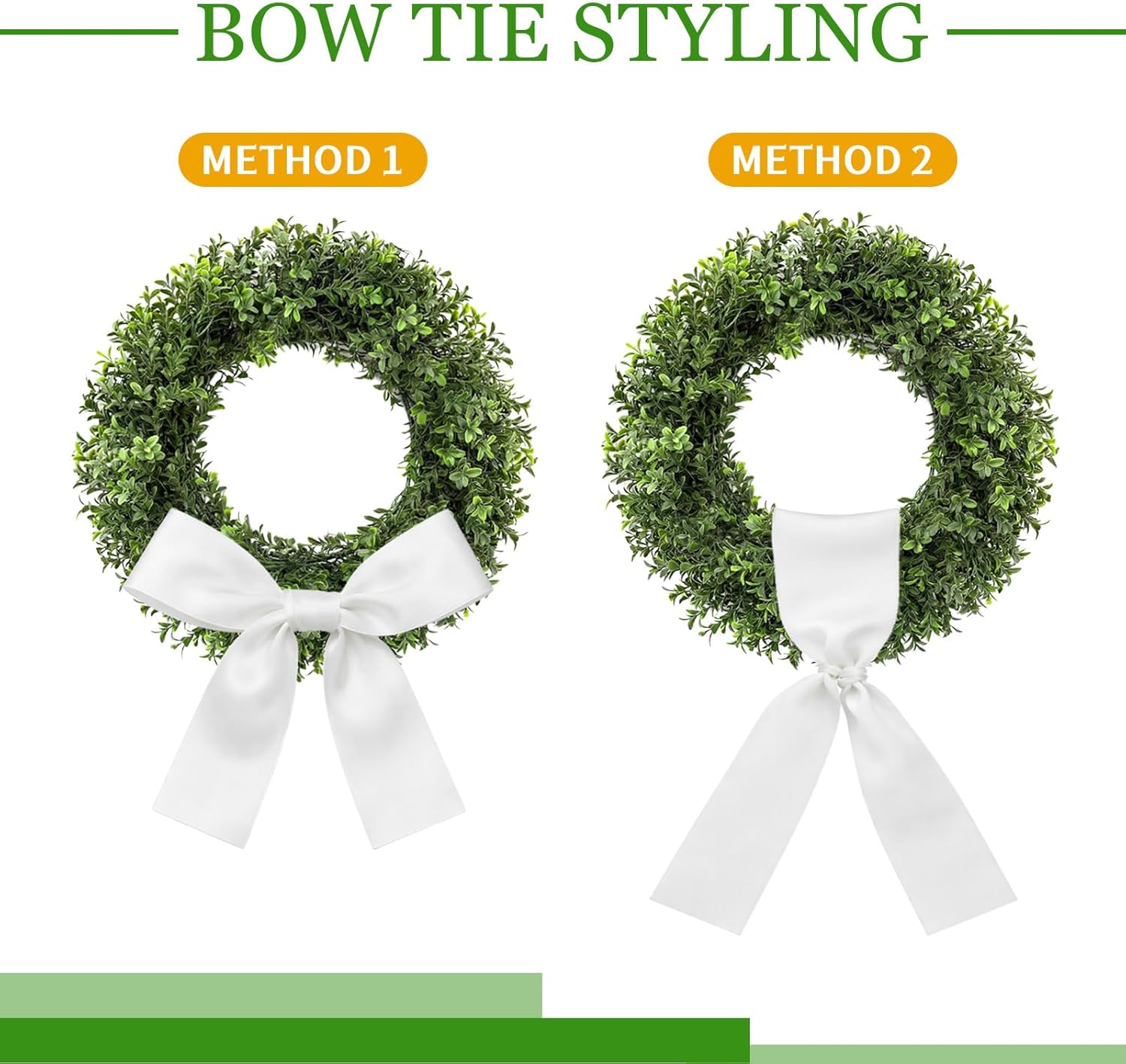 Riceshoot 2 Pcs 20 Inch Artificial Boxwood Wreath Set for Front Door, Porch, Window, with 2 Metal Door Hooks, 2 Silk Ribbons, Boxwood Wreaths for Farmhouse Wedding Indoor Outdoor Decor - All Seasons