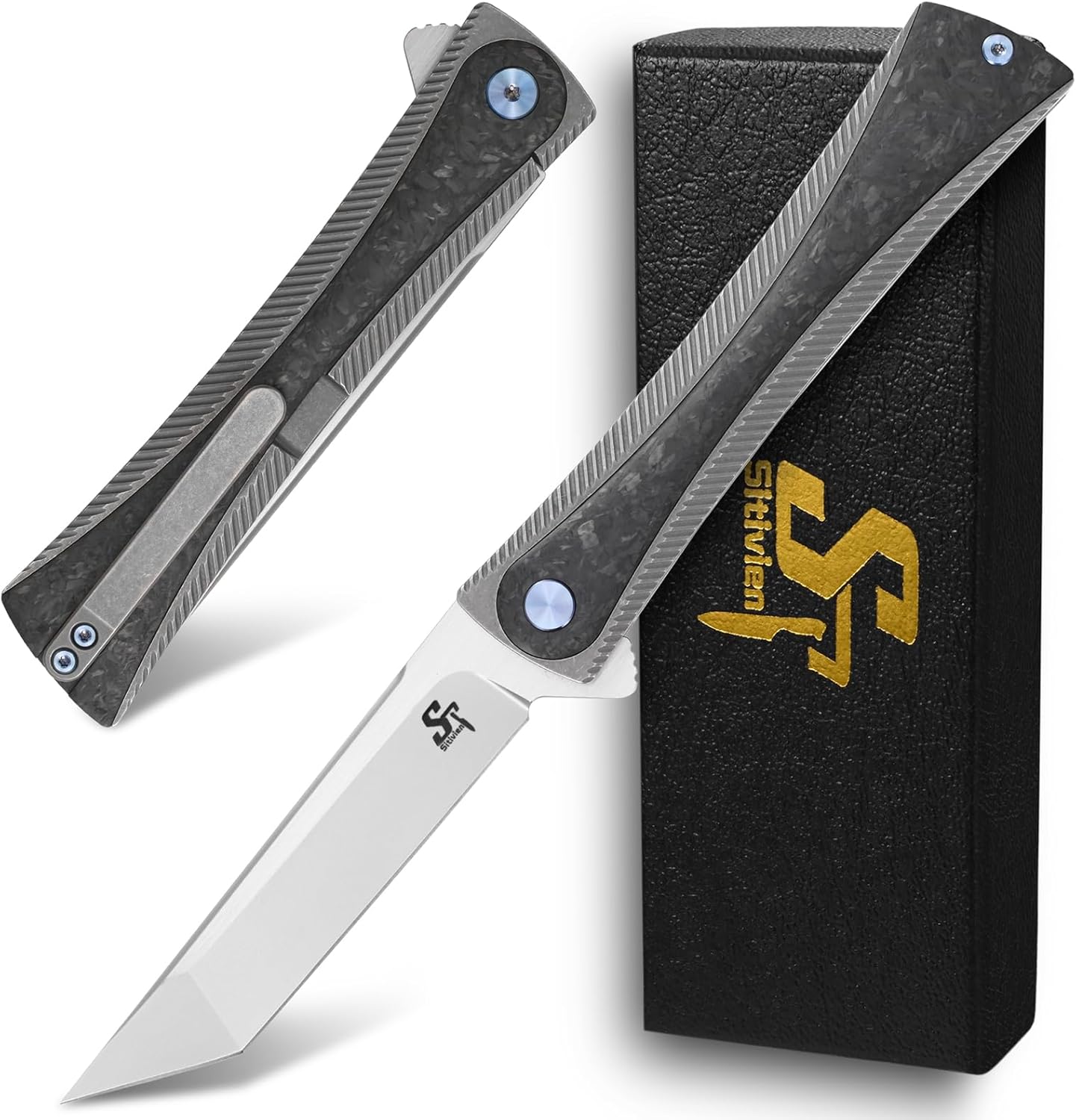 Sitivien ST994 Folding Knife,Handmade M390 Brushed Steel Blade Titanium Carbon Fiber Handle EDC Tool Knife for Outdoor Camping Hiking Survival Working(Gray)