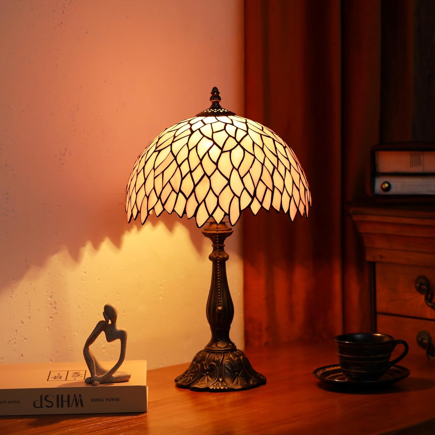 Tiffany Lamps Pink Leaves Style Stained Glass Table Lamp Desk Bedside Reading Light 12X12X18.5 Inches with Bronze Resin Base Applicable to Bedroom Living Room Office