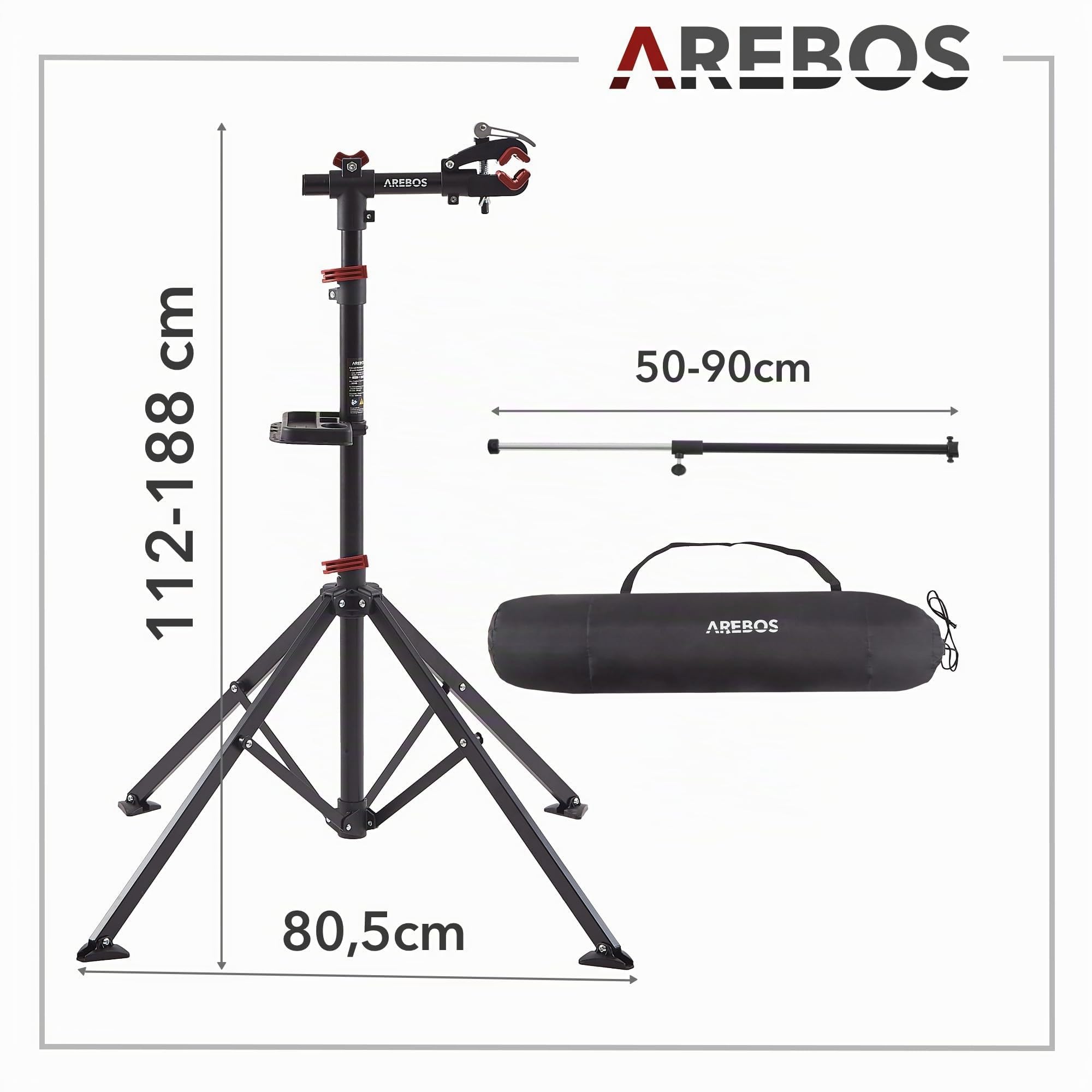 AREBOS Support de Montage Professionnel pour Vélo | Pour VTT et Vélo Électrique | Rotatif 360° avec Dispositifs de Libération Rapide | Support Charges Lourdes + Sac | Noir/Rouge