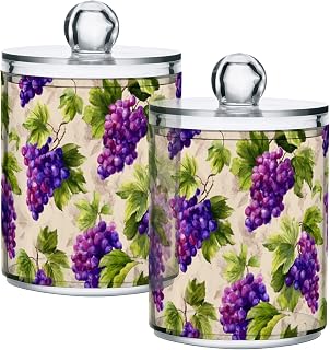 Gredecor 4 Pack Qtip Holder Clear Grape Fruits Leaves (10) Apothecary Jars with Lids Acrylic Bathroom Jars Vanity Countertop Canister Storage Organizer for Cotton Ball,Swabs,Pads,Floss