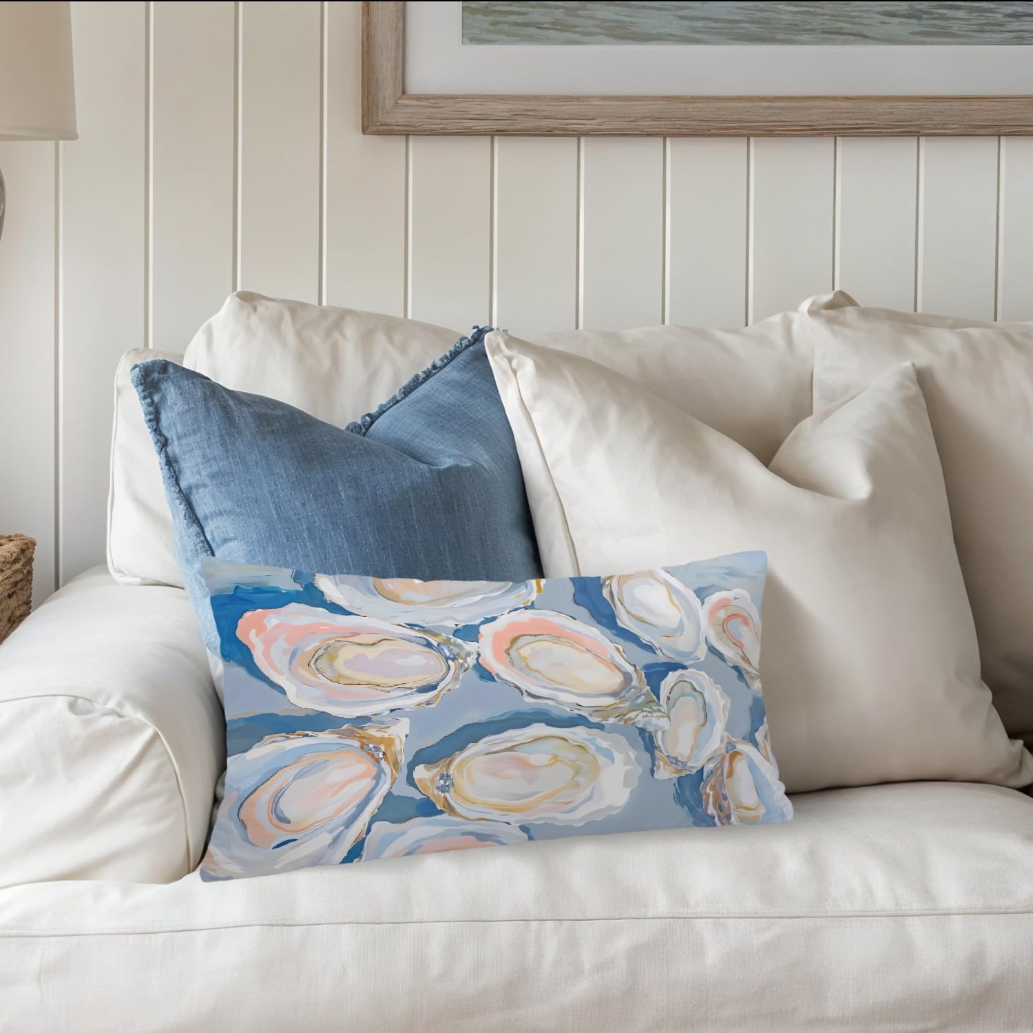 Coastal Beach Room Decor 12x20 Pillow Cover, Coastal Beach Blue Oysters Shell Decorative Lumbar Pillow Covers for Bedroom Living Room Home Dorm Sofa Couch - Image 6