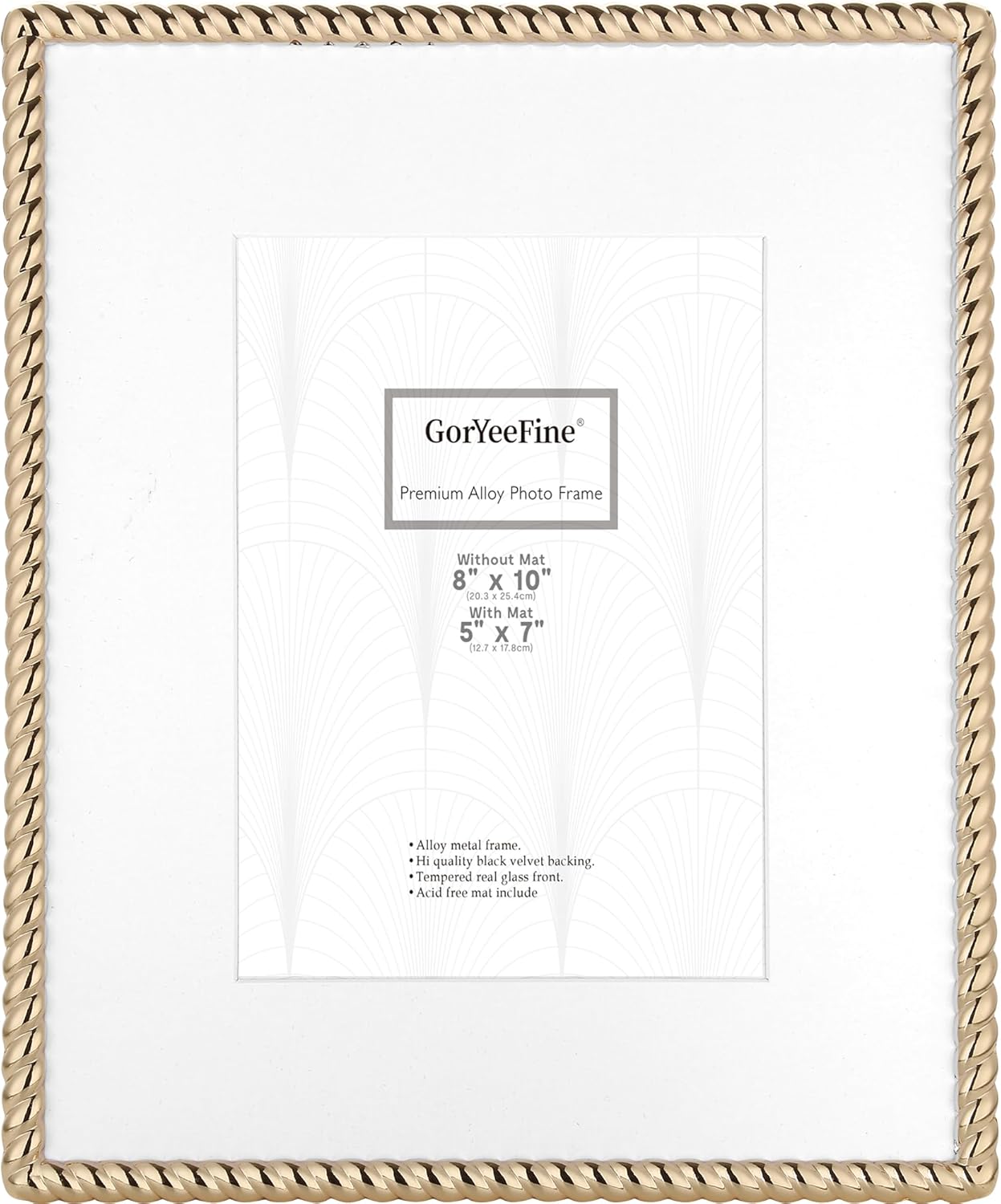 High-End 8x10'' Gold Photo Frames with Acid Free Mat for 5x7''- Contemporary Rope Profile,Velvet Backing,Tempered Glass Front 5x7'' Picture Frames for Weddings and Home Décor