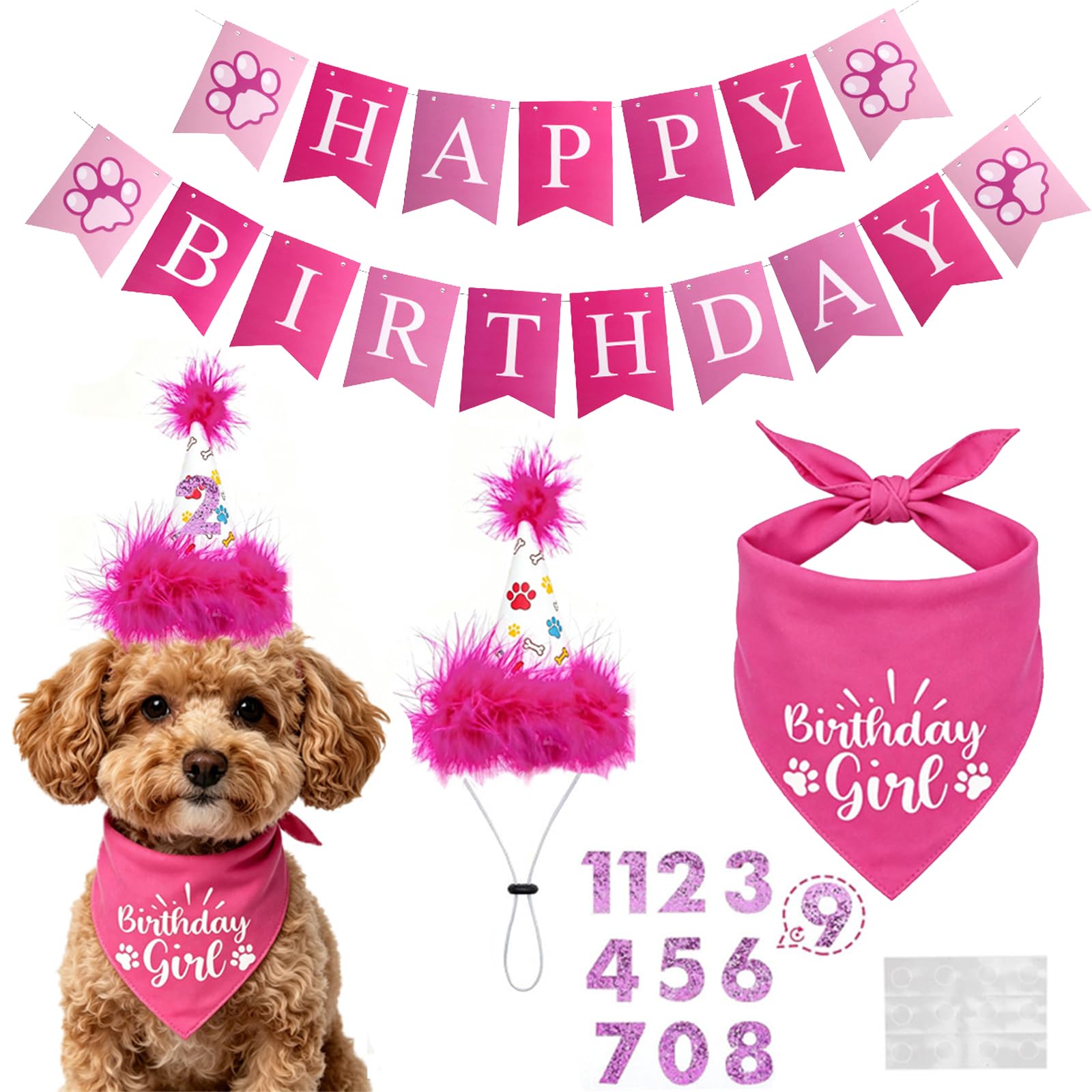KASESSS 3 Pcs Dog Birthday Hat Bandanas Set, Dog Birthday Hat Girl, Pink Cat Birthdays Hats with Happy Birthdays Banner, Cute Dogs Party Outfits Decorations with Number for Cats and Small Dogs Costume