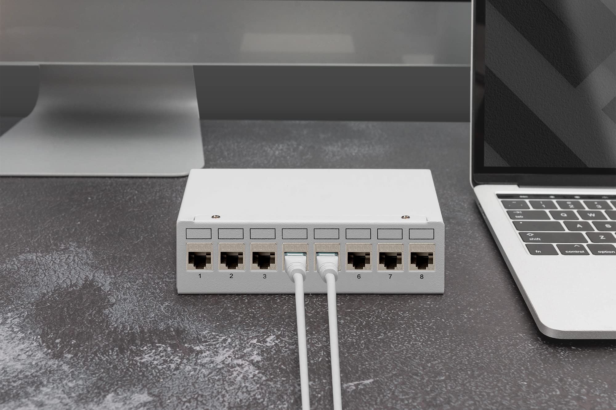 DIGITUS Set: Patchpanel – Modular – Desktop – 8-Port – Geschirmt – Grau – Mit 8x Cat6A Keystone-Modul