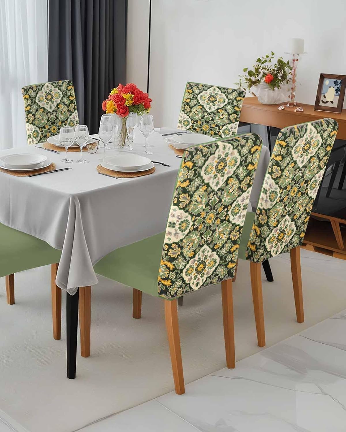 Chair Covers Set of 4, Sage Green Ethnic Style, Removable Stretchable Parsons Chair Slipcovers Protector for Dining Room, Retro Boho Floral