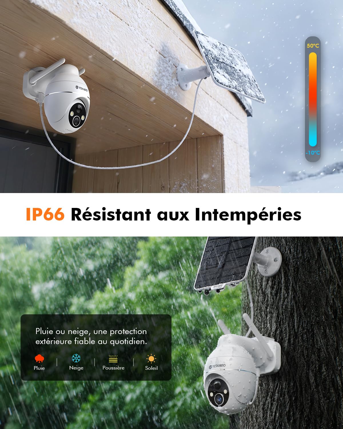 YESKANO 2K Camera Surveillance WiFi Exterieure Sans Fil Solaire, Caméra Extérieure Solaire 360° PTZ, avec Panneau Déporté 2M, Vision Nocturne Couleur, Détection PIR, Audio 2 Voies, 2,4 GHz, IP66 Blanc