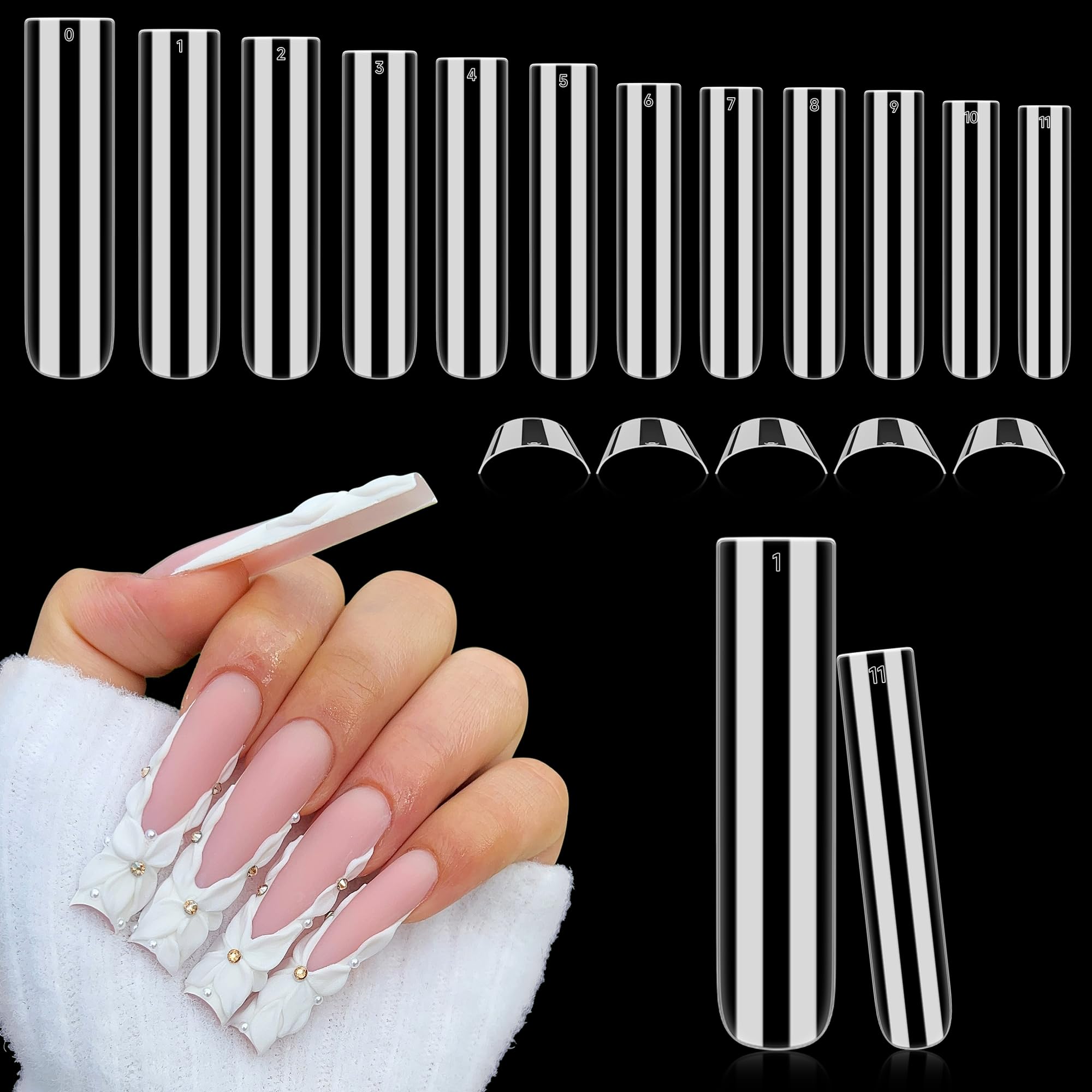 Luckyfairy Tapered Square Nail Tips, XXL 240Pcs 12 Sizes Full Cover Fake Nails Extra Long Straight Nail Tips No C Curve Gel Nails Clear Gel Nails Tips