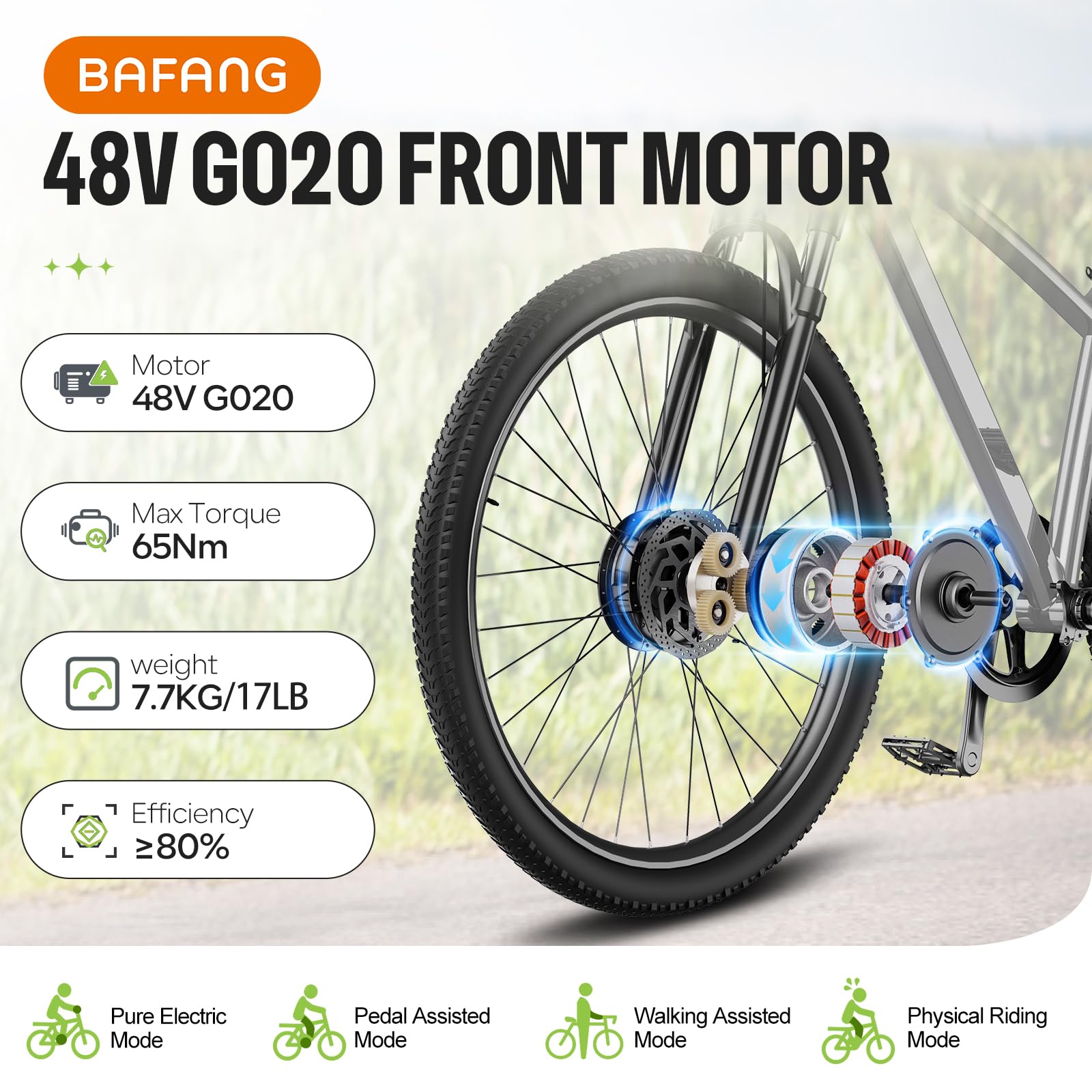 BAFANG 48V-5OOW G020 Delantera 26"/27.5"/29" Kit Electrico Bici Conversión | Kit Conversión Bicicleta Eléctrica Rueda Delantera-20" 26" 27.5" 28" 29" 700C con Batería Opcional, Pantalla y Sensor Pas