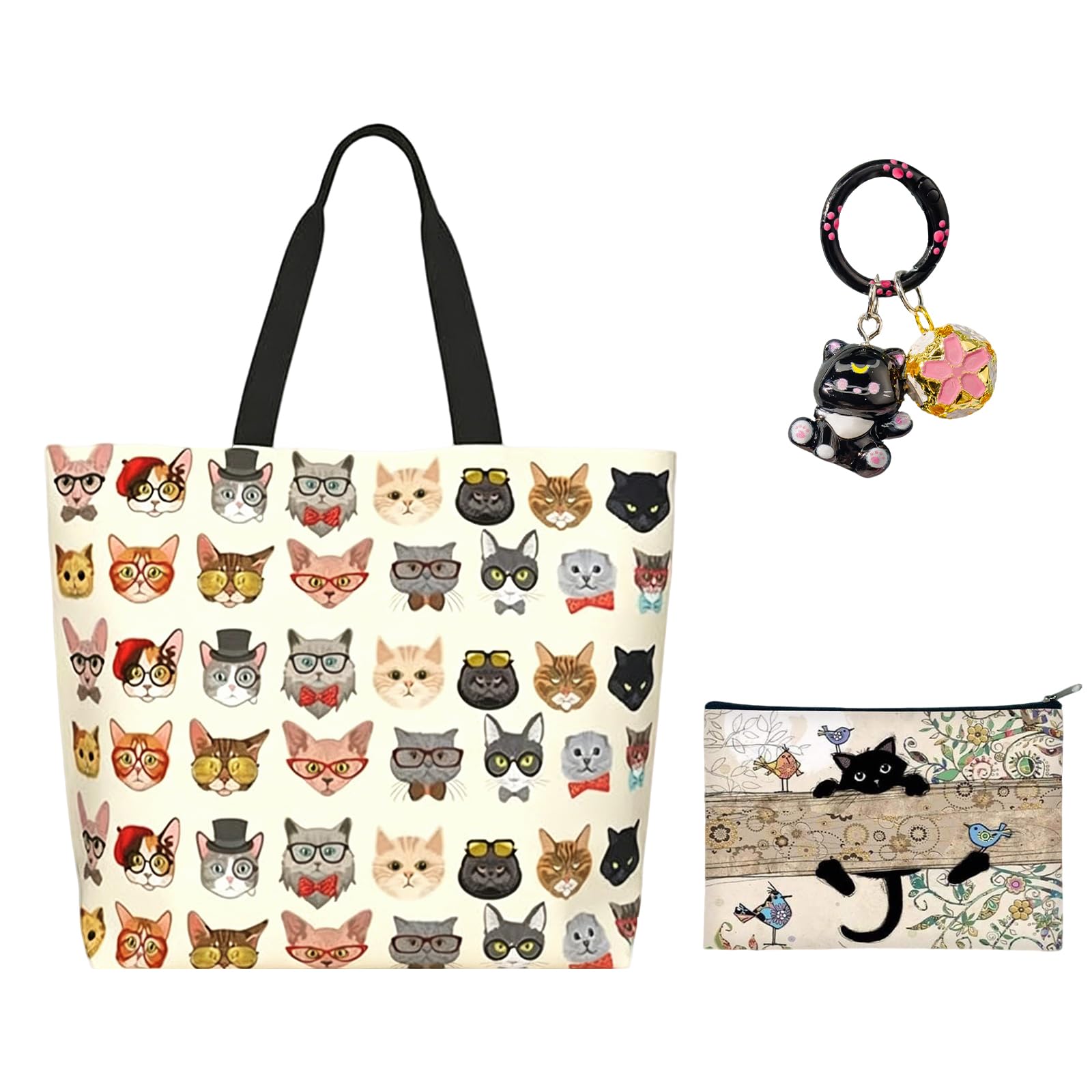 Yongyann 3pcs Cat Canvas Tote & Makeup Bag Set, Foldable Reusable Tote