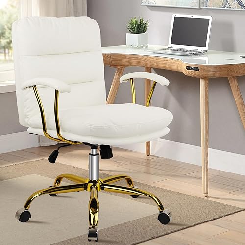 Miniatura 2 de Leather Home Office Desk Chair, Mid-Back Vanity Chair Make Up Chair with Gold Wheels & Removable Armrests, Rolling Swivel Computer Task Chair for
