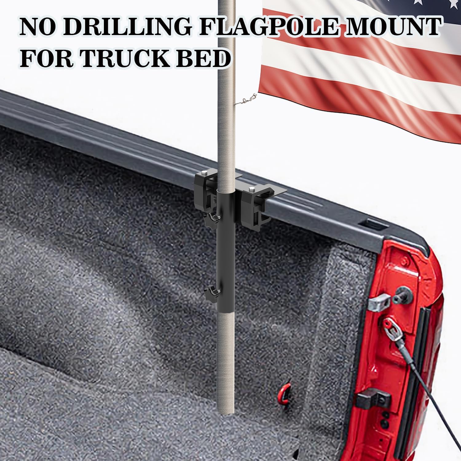 No Drilling Flagpole Mount for Truck Bed, No Drilling Side Flag Pole Mount Kit for Truck Bed, Universal Black Flagpole Holder Fit Up to 1.5 inch Pole