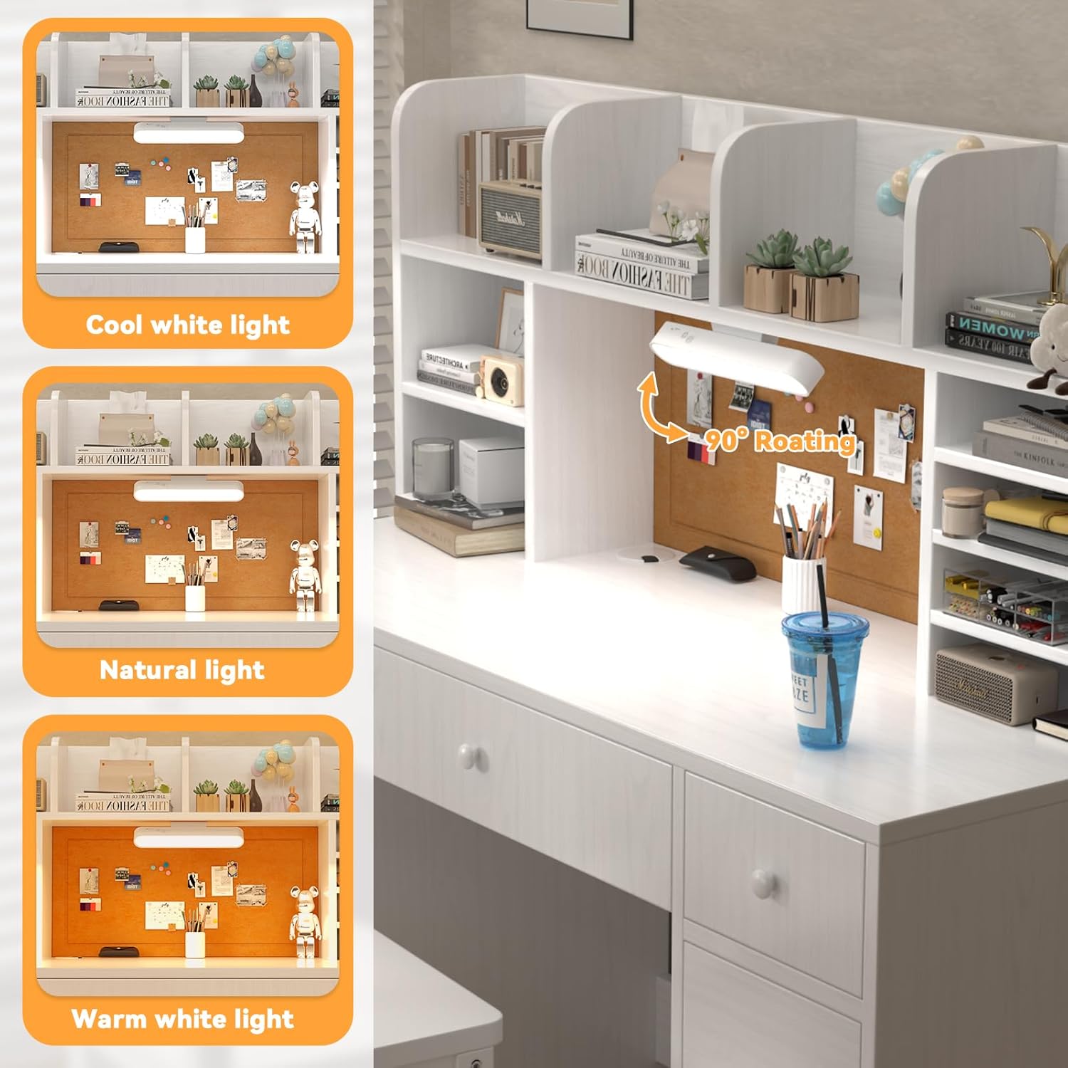48x20Inch Wooden Pure White Kids Study Desk and Chair Set with Light, 3 Drawers and 4 Storage Cabinets, Children Desk with 4 Open Hutch and Shelves, Girls Study Desk for Kids Bedroom
