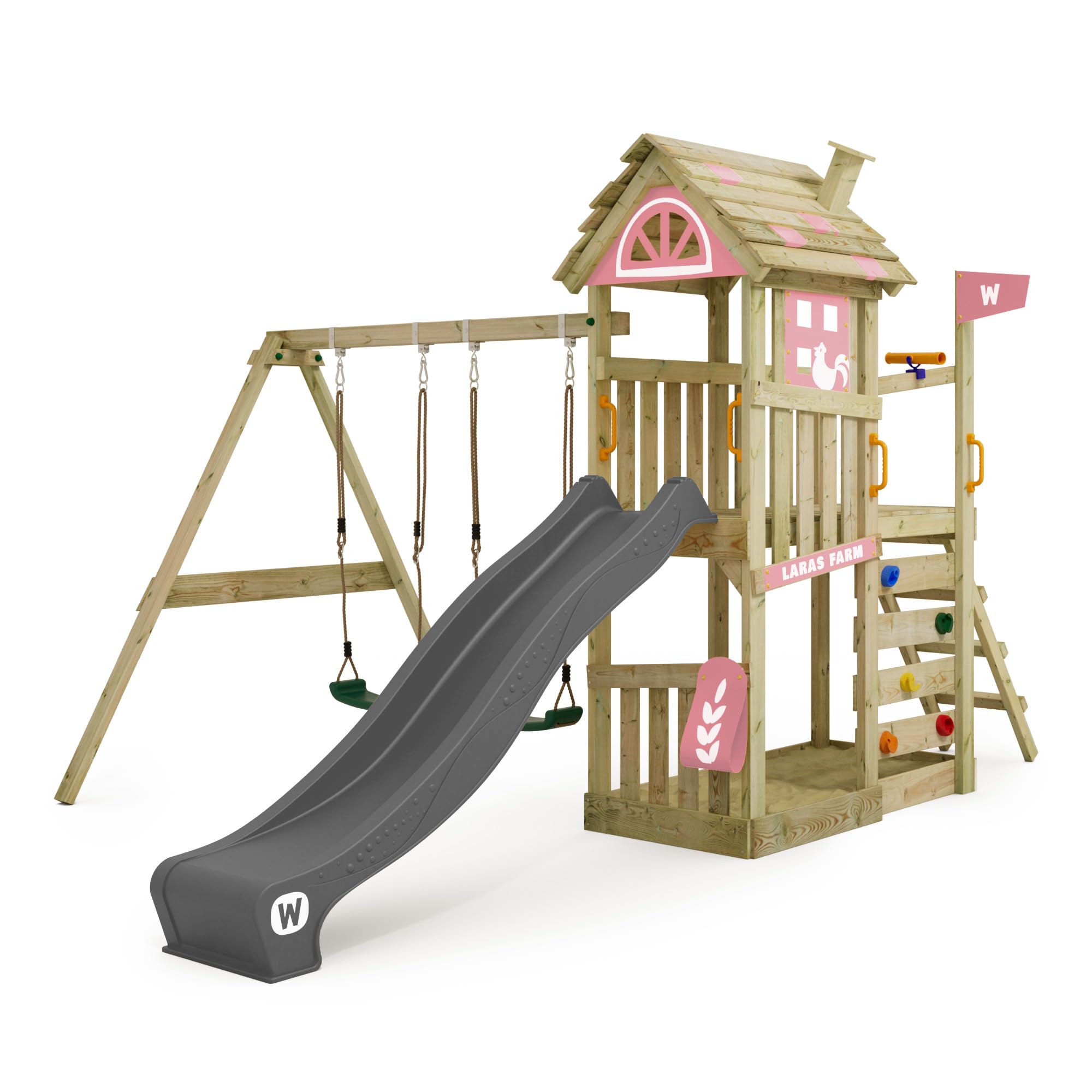 WICKEY FarmFlyer Spielturm – Kletterturm mit Sandkasten, Schaukel und Rutsche, Pastellpink (Podesthöhe 120 cm)