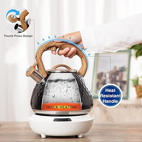 Miniatura 3 de toptier - Tetera silbadora con mango de madera, silbato fuerte, acero inoxidable de grado alimenticio para estufas de inducción con diseño de
