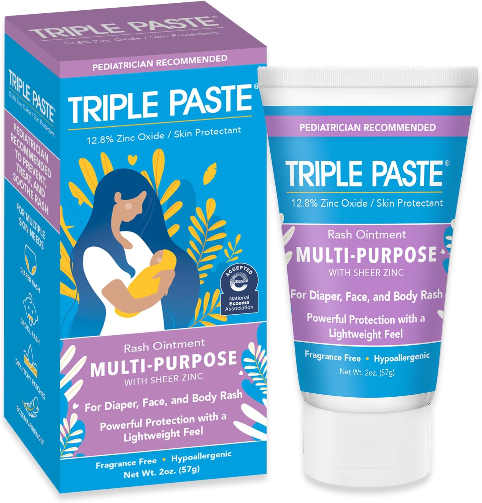 Triple Paste Multi-Purpose Baby Healing Ointment, 2 oz Tube, Baby Diaper Rash Cream and Skin Protectant for Hands, Face & Bottom Treats, Soothes and Prevents with Zinc Oxide (Packaging May Vary)
