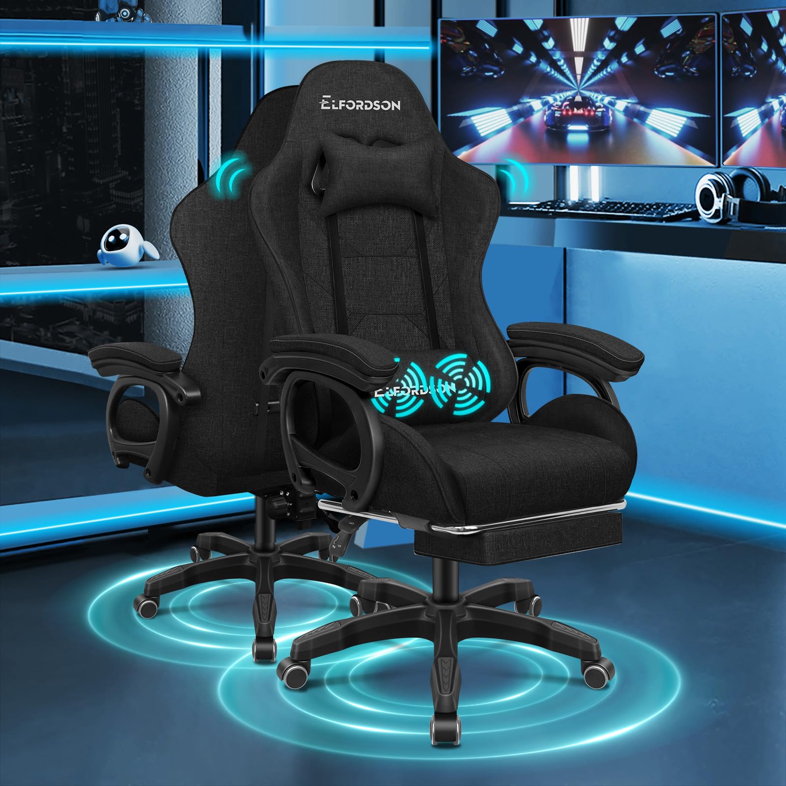 ELFORDSON Gaming Chair with 2-point Massage Lumbar Cushion, High Back PC Computer Game Chair, 150° Reclining Office Chair with Headrest & Footrest, 360° Swivel, Home Esports, Linen, Black