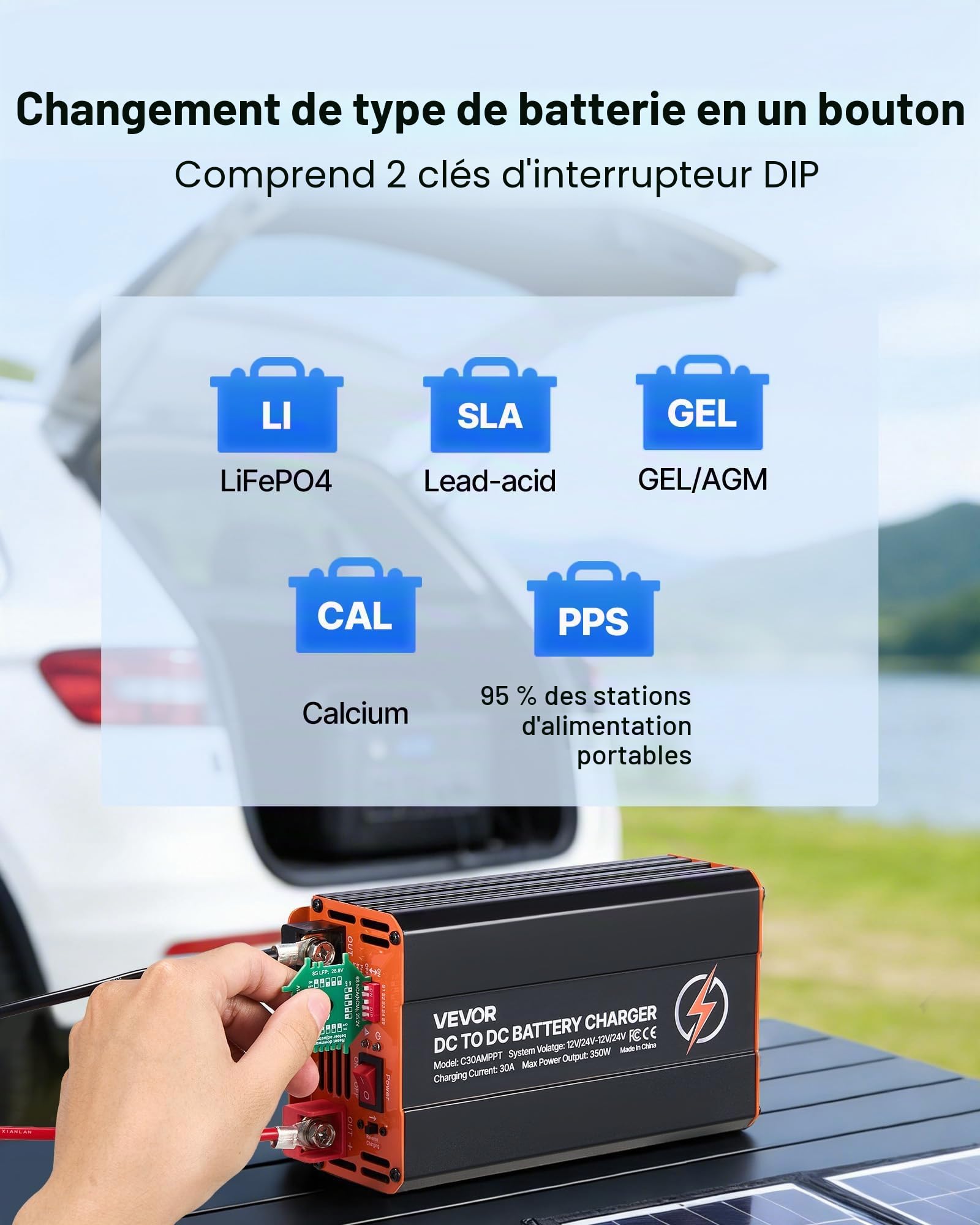 VEVOR Chargeur DC-DC avec MPPT 350 W 30 A Chargeur de Batterie DC-DC 12 V/24 V-12 V/24 V Double Entrée Panneau Solaire/Alternateur pour Camping-Car Voiture Bateau, Compatible avec LiFePO4 Plomb-Acide