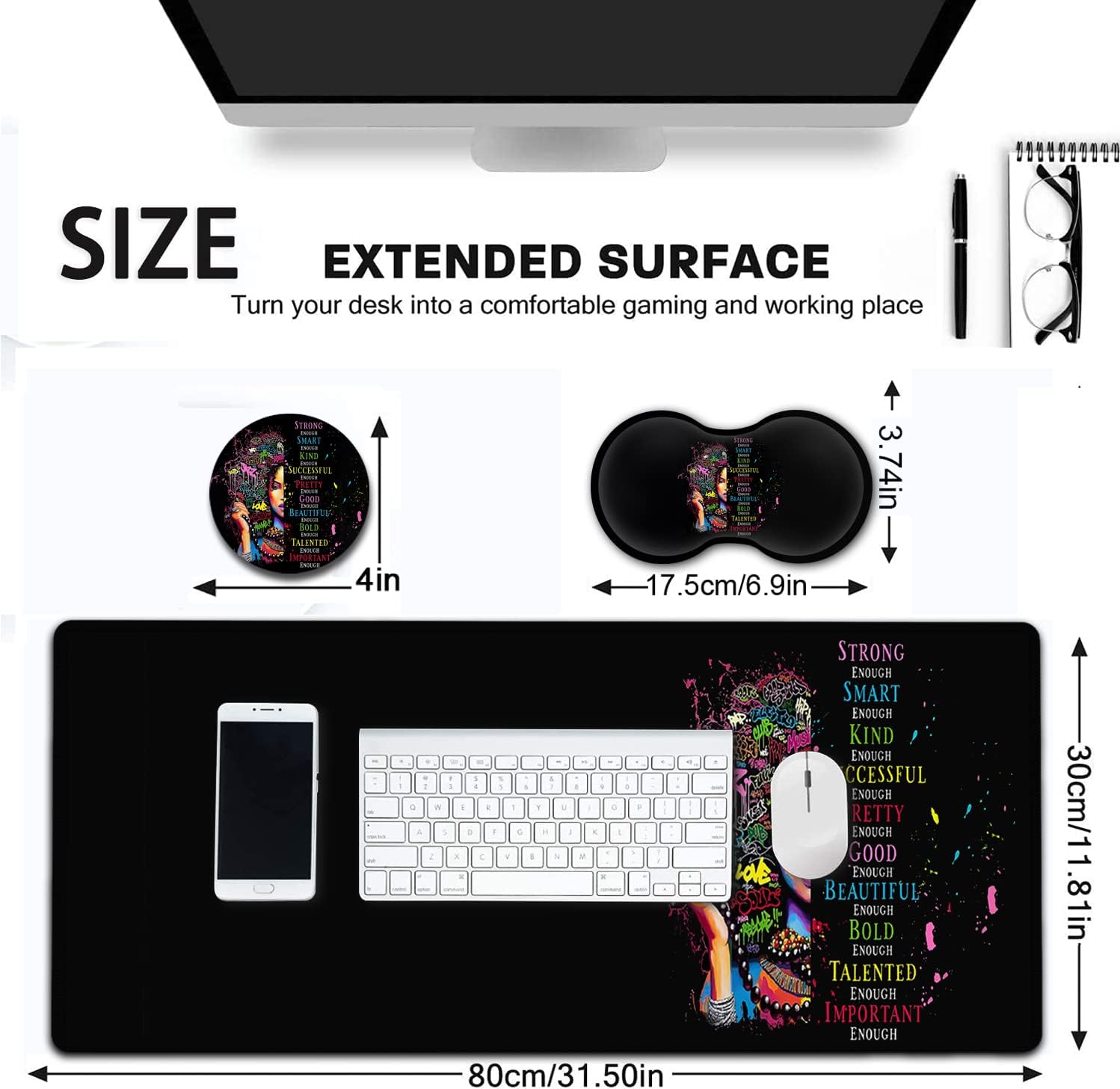Large Mouse Pad, Extended Office Desk Pad 31.5x11.8in,Ergonomic Memory Foam Mouse Wrist Rest Support for Home Office Computer Writing Pad,African American Woman Black Women XXL Black Gaming Mouse Mat