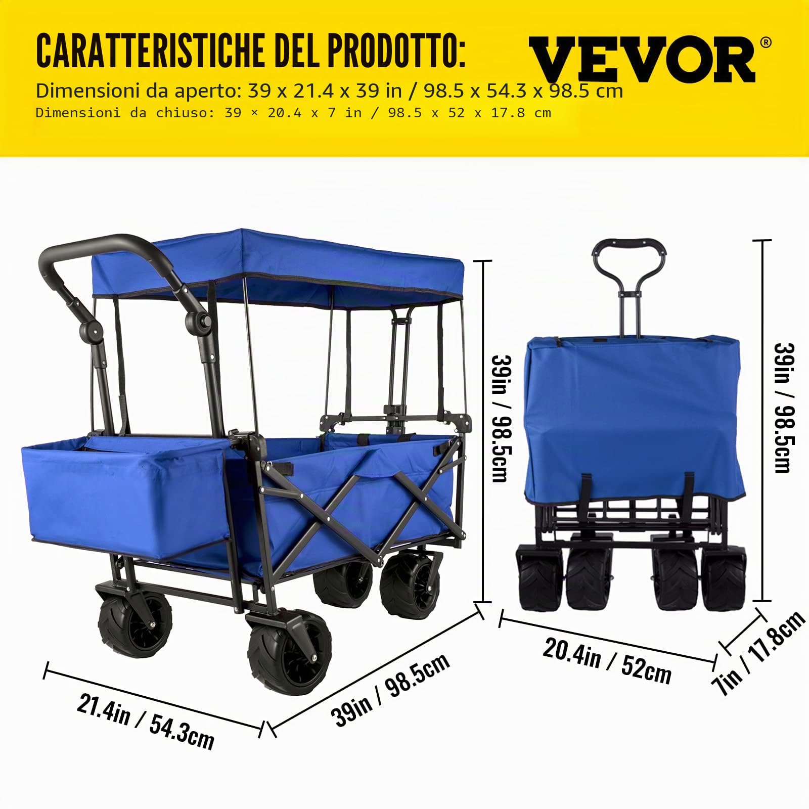 VEVOR Carrello Pieghevole Blu Impermeabile con Tetto da 98,7x54,3x98,5 cm, Carello Portatile con Baldachino Pieghevole capacità 100 kg, Rimorchio per la Spesa Adatto per Traslocchi, Campeggi e Viaggi