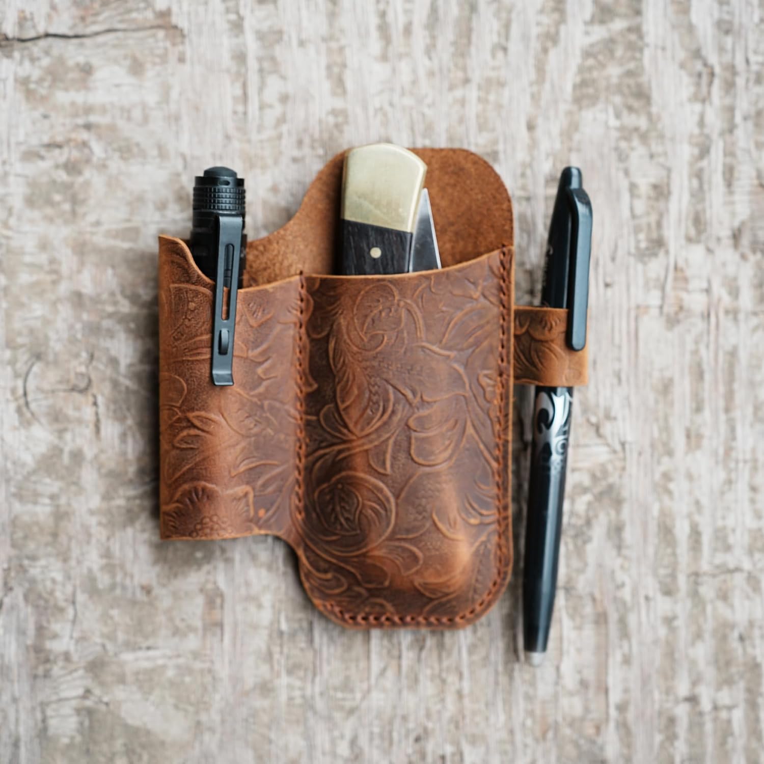 JJNUSA Multitool Leather Folding Pocket Leather Knife Sheath for 4" 4.3" 4.2" 4.5" 5" inch Knives Holder Buck 110 112, 5 inch Holster Belt Loop, Flashlight Holder, EDC Pouch