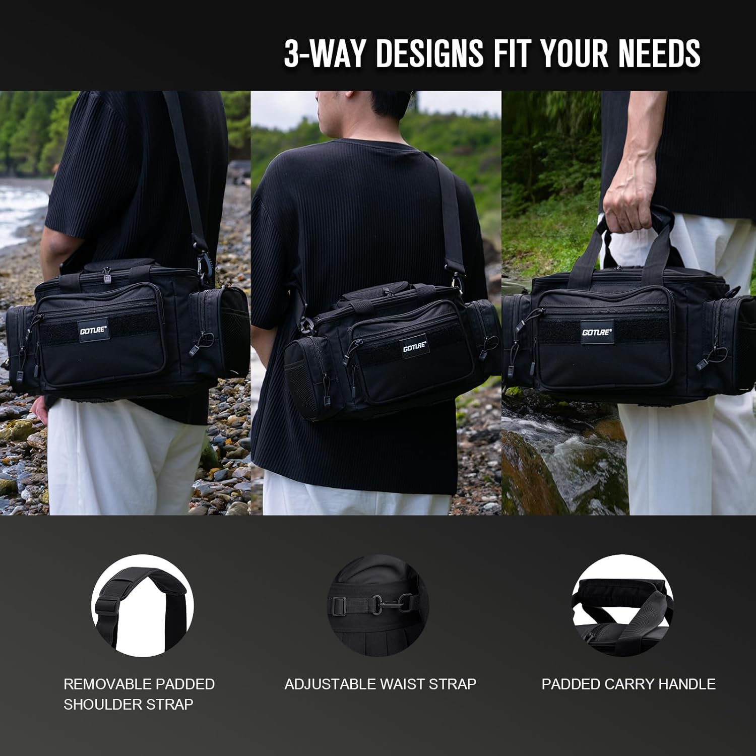 Goture Fishing Tackle Bag with 4 Tackle Boxes, Soft Side 600D Water-Resistant Cross Body Sling Fishing Bag, Small Saltwater Gear Storage Tactical Bags, Gifts for Men/Women (15.75"x9.45"x8.27")